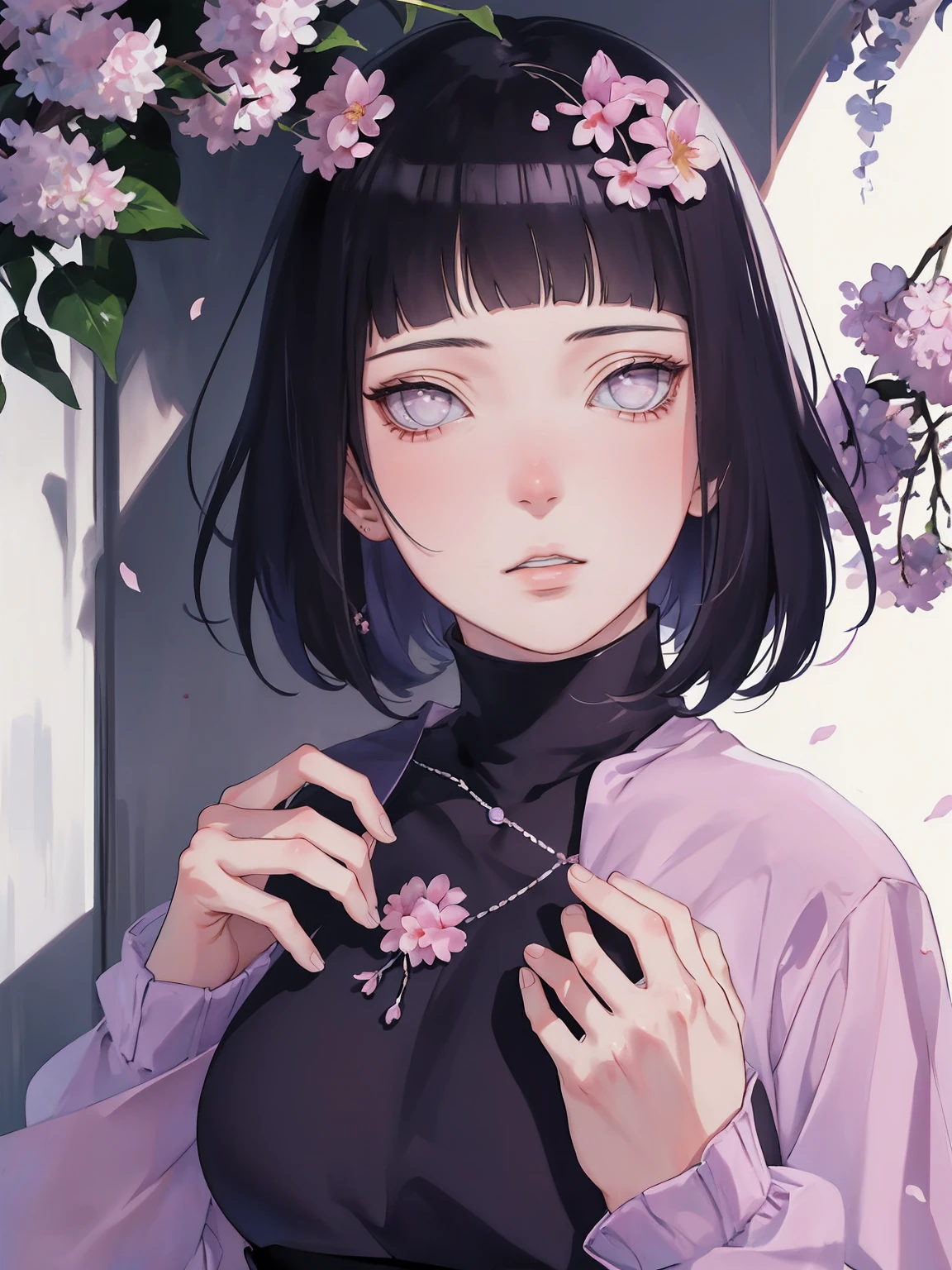 { - anatomy error} (Masterpiece - Ultra-detailed, very high resolution) (huge titusty, masterpiece, absurdres, hinata\(boruto\), 1girl, solo,mature female, lilac turtleneck blouse, high waist black long skirt, looking at viewelling petals), perfect composition, detailed lips, big breast, beautiful face, body propotion, blush, (pink lips), short hair, (black hair), purple eyes, soft gaze, super realistic, detailed, photoshoot, realistic face and body, closed mouth, walking on the floor , lilac eyes, full body, ridden hands, perfect fingers