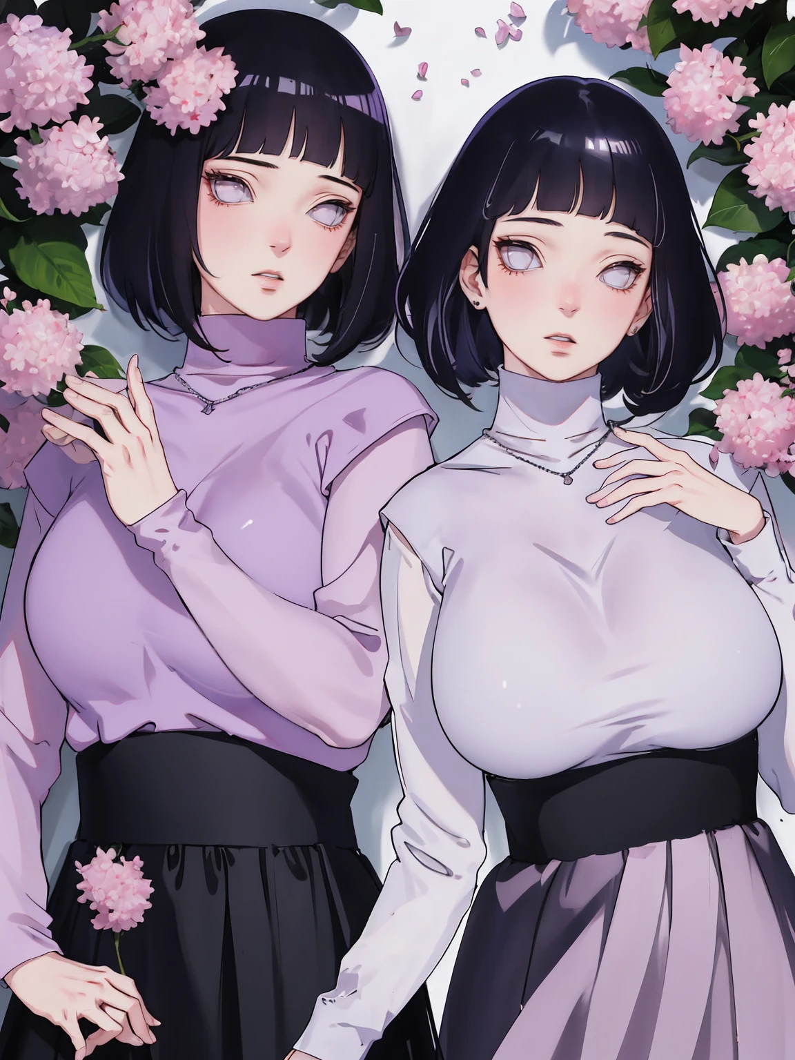 { - anatomy error} (Masterpiece - Ultra-detailed, very high resolution) (huge usty, masterpiece, absurdres, hinata\(boruto\), 1girl, solo,matmale, lilac turtleneck blouse, high waist black long skirt, looking at viewelling petals), perfect composition, detailed lips, big breast, bul face, body propotion, blush, (pink lips), short hair, (black hair), purple eyes, soft gaze, super realistic, detailed, photoshoot, realistic face and body, closed mouth, walking on the floor , lilac eyes, full body, ridden hands, perfect fingers