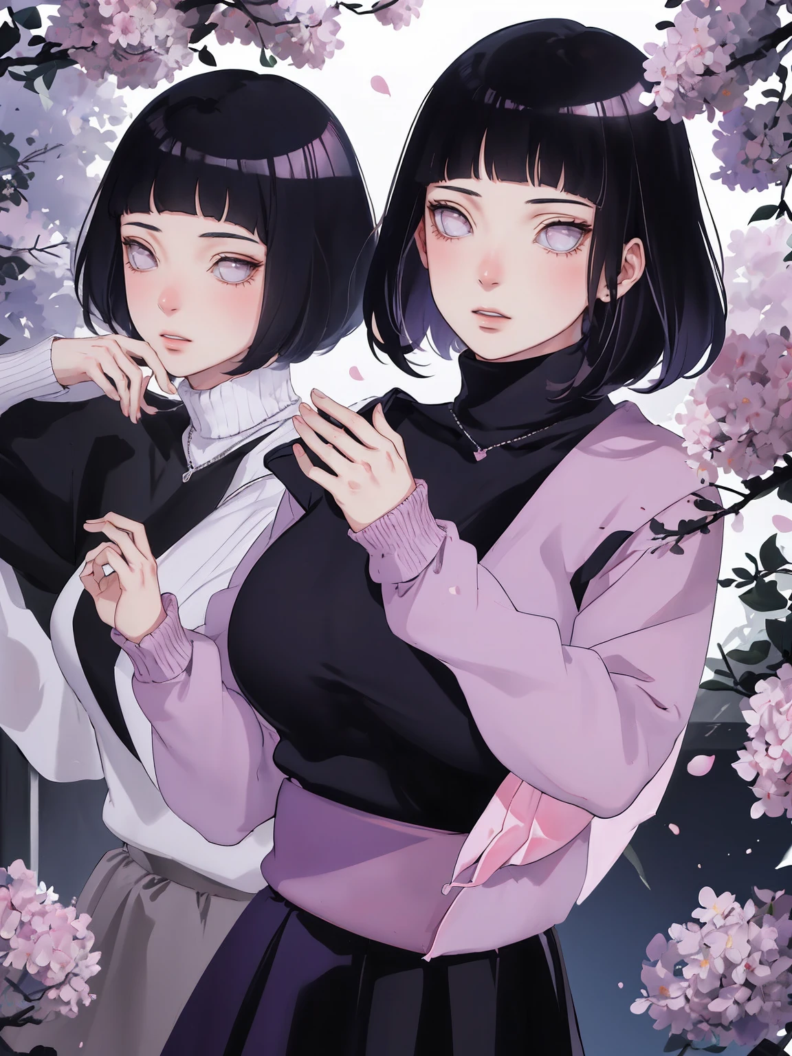 { - anatomy error} (Masterpiece - Ultra-detailed, very high resolution) (huge titusty, masterpiece, absurdres, hinata\(boruto\), 1girl, solo,mature female, lilac turtleneck blouse, high waist black long skirt, looking at viewelling petals), perfect composition, detailed lips, big breast, beautiful face, body propotion, blush, (pink lips), short hair, (black hair), purple eyes, soft gaze, super realistic, detailed, photoshoot, realistic face and body, closed mouth, walking on the floor , lilac eyes, full body, ridden hands, perfect fingers