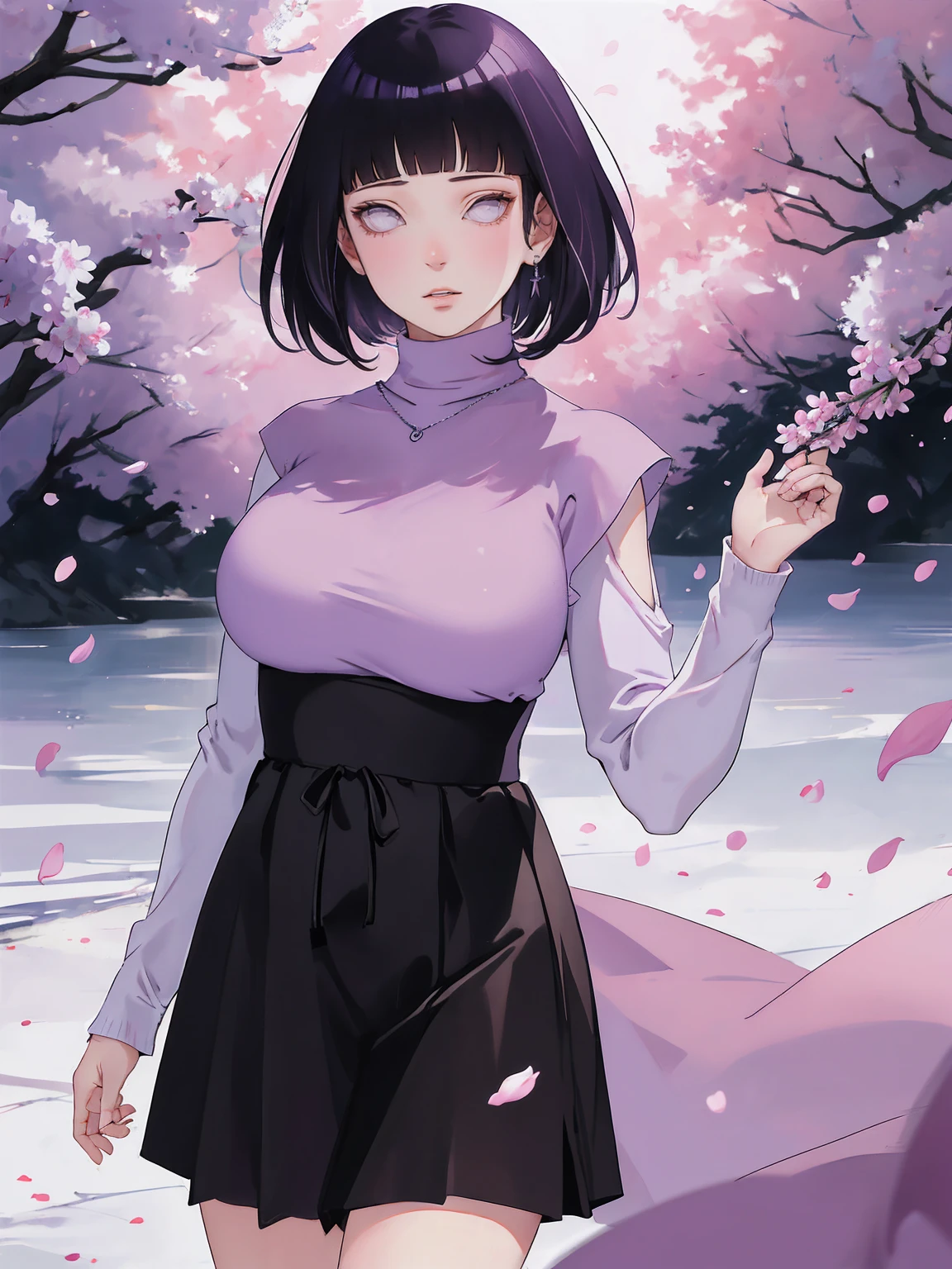 { - ??????? error} (Masterpiece - Ultra-detailed, very high resolution) (huge titusty, masterpiece, absurdres, hinata\(boruto\), 1girl, solo,mature female, lilac turtleneck blouse, high waist black long skirt, looking at viewelling petals), perfect composition, detailed lips, big breast, beautiful face, body propotion, blush, (pink lips), short hair, (black hair), purple eyes, soft gaze, super realistic, detailed, photoshoot, realistic face and body, closed mouth, walking on the floor , lilac eyes, full body, ridden hands, perfect fingers