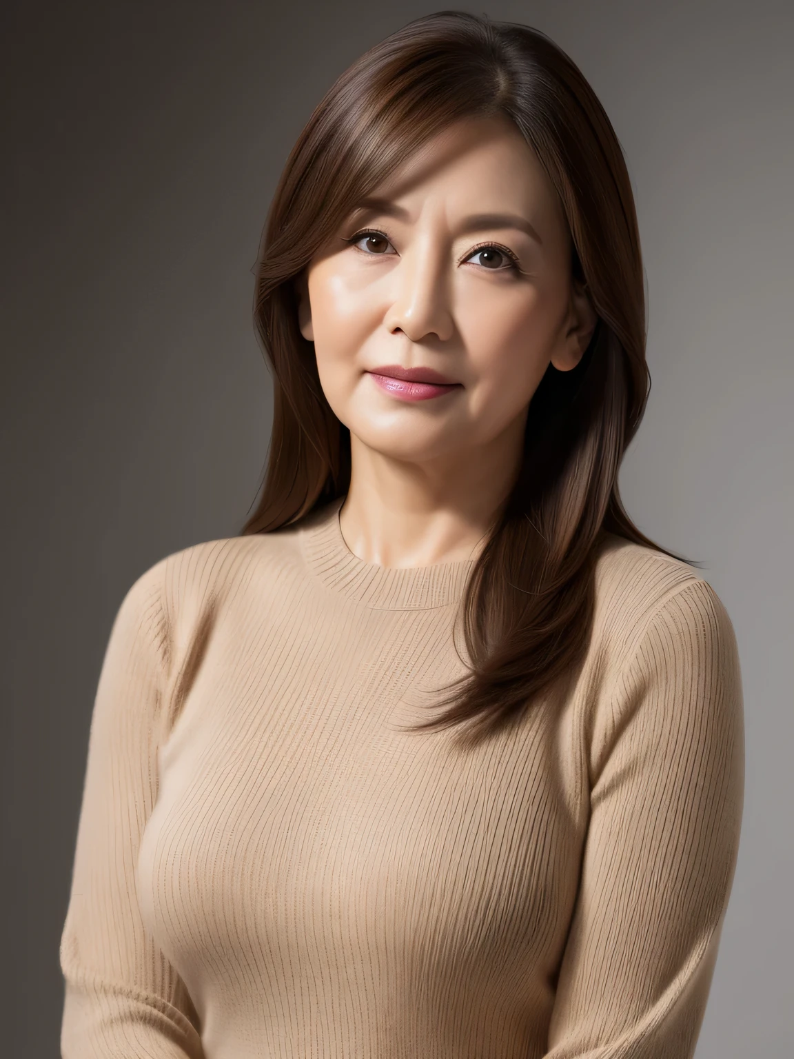 masterpiece, highest quality, masterpiece, High resolution, realistic, Live shooting, 8k wallpaper, perfection, professional lighting, very detailed, written boundary depth,gray background, ((one beautiful woman)), ((90 years old)), women sexy, Chubby body type, facial wrinkles, detailed face, beautiful eyes, bangs, big and full breasts, ((Light brown straight semi-long hair)), faint lips,(((stand upright, facing the center of the screen.))), sweater, skirt, cowboy shot,