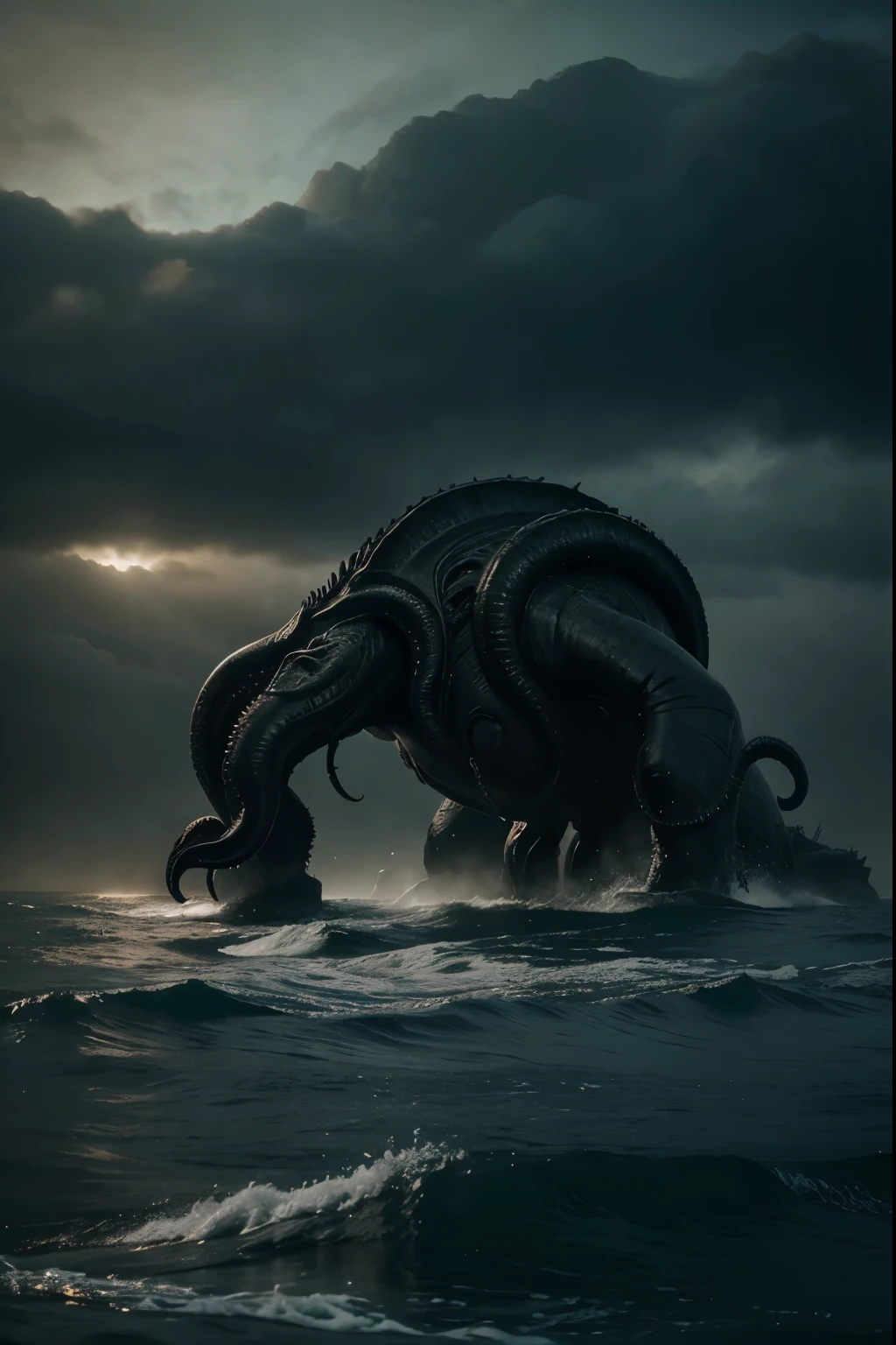 Cinematic, photo of Huge Cthulhu, emerging from the sea, grasping, gothic landscape, swirling mist