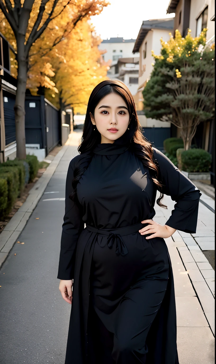 arafed woman in a black-blue dress outfit Stand on a sidewalk, hijab fashion model, hijabi outfit, thicc, hijab, korean woman, wearing black robe, asian woman, bbwchan, photograph of a techwear woman, hijab, wearing a black robe, woman in black robes, random pose, wearing dark-blue robe, asian women, korean girl, red sneakers, chubby cheeks. Full body, , 35 years old, thick body, beautiful thick female, wide hips, thick legs, she has a jiggly fat round belly, thick thighs, curvy hourglass figure, thicc, curvy model, widest hips, hyperrealistic full figure, bbwchan, voluptuous body, thick, , hena on arm, hena in belly, , muslim clothes, 37 years woman. , chubby cheeks, Body height 170 cm.