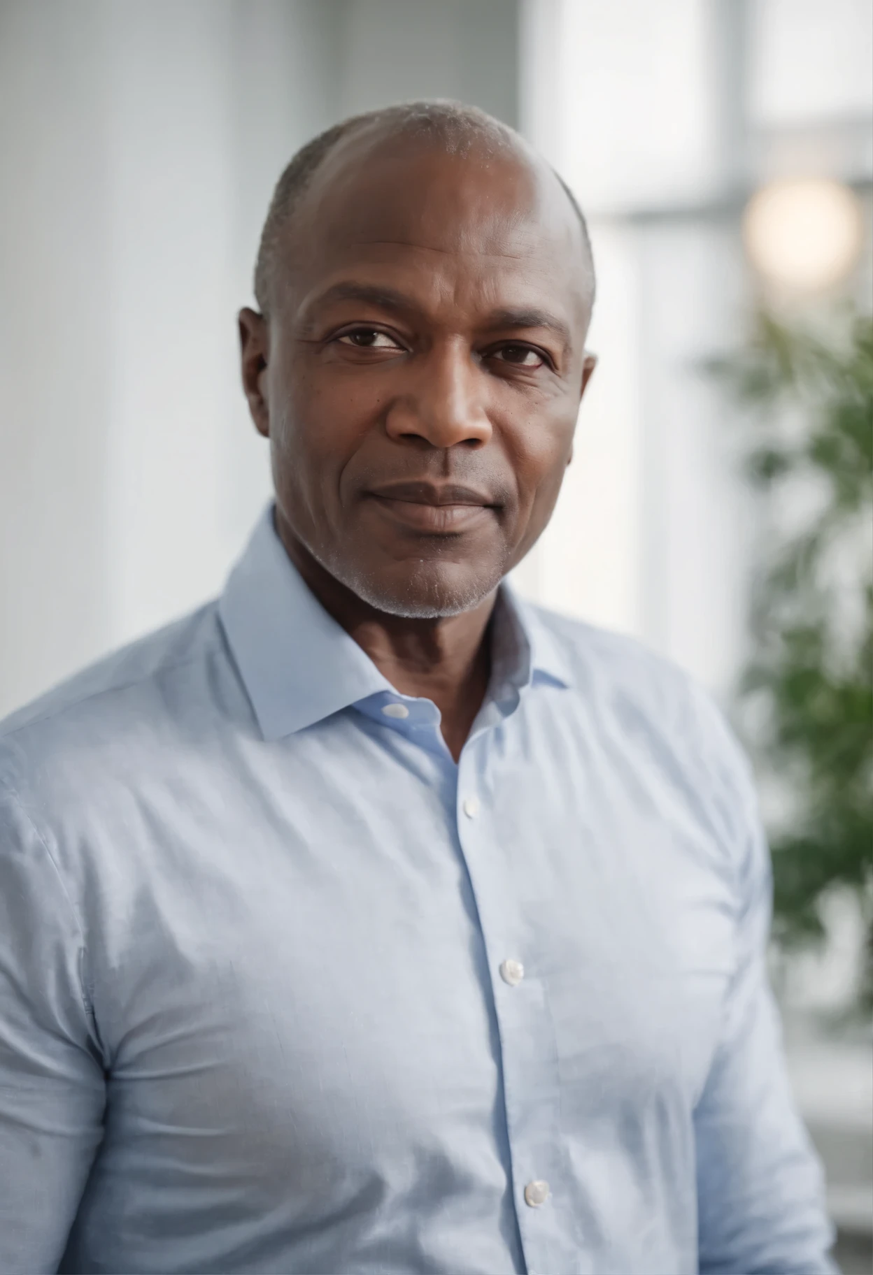 centered chest up portrait of 50 year old white bold AFRICAN BUSINESSMAN IN business-casual attire, MODERN OFFICE BACKGROUND