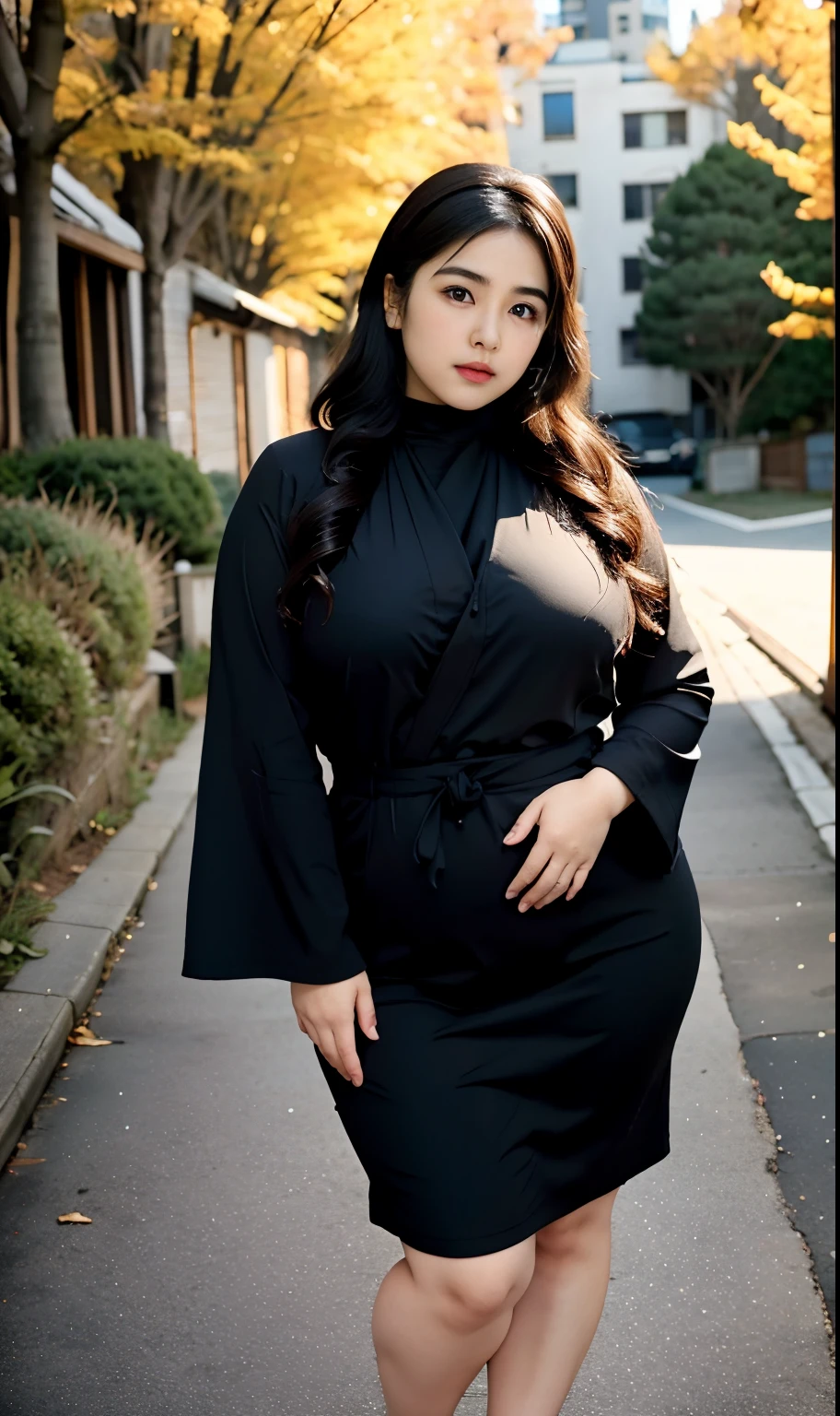arafed woman in a black-blue dress outfit Stand on a sidewalk, hijab fashion model, hijabi outfit, thicc, hijab, korean woman, wearing black robe, asian woman, bbwchan, photograph of a techwear woman, hijab, wearing a black robe, woman in black robes, random pose, wearing dark-blue robe, asian women, korean girl, red sneakers, chubby cheeks. Full body, , 35 years old, thick body, beautiful thick female, wide hips, thick legs, she has a jiggly fat round belly, thick thighs, curvy hourglass figure, thicc, curvy model, widest hips, hyperrealistic full figure, bbwchan, voluptuous body, thick, , hena on arm, hena in belly, , muslim clothes, 37 years woman. , chubby cheeks, Body height 170 cm.