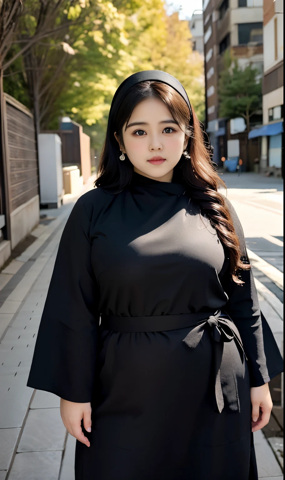 arafed woman in a black-blue dress outfit Stand on a sidewalk, hijab fashion model, hijabi outfit, thicc, hijab, korean woman, wearing black robe, asian woman, bbwchan, photograph of a techwear woman, hijab, wearing a black robe, woman in black robes, random pose, wearing dark-blue robe, asian women, korean girl, red sneakers, chubby cheeks. Full body, , 35 years old, thick body, beautiful thick female, wide hips, thick legs, she has a jiggly fat round belly, thick thighs, curvy hourglass figure, thicc, curvy model, widest hips, hyperrealistic full figure, bbwchan, voluptuous body, thick, , hena on arm, hena in belly, , muslim clothes, 37 years woman. , chubby cheeks, Body height 170 cm.