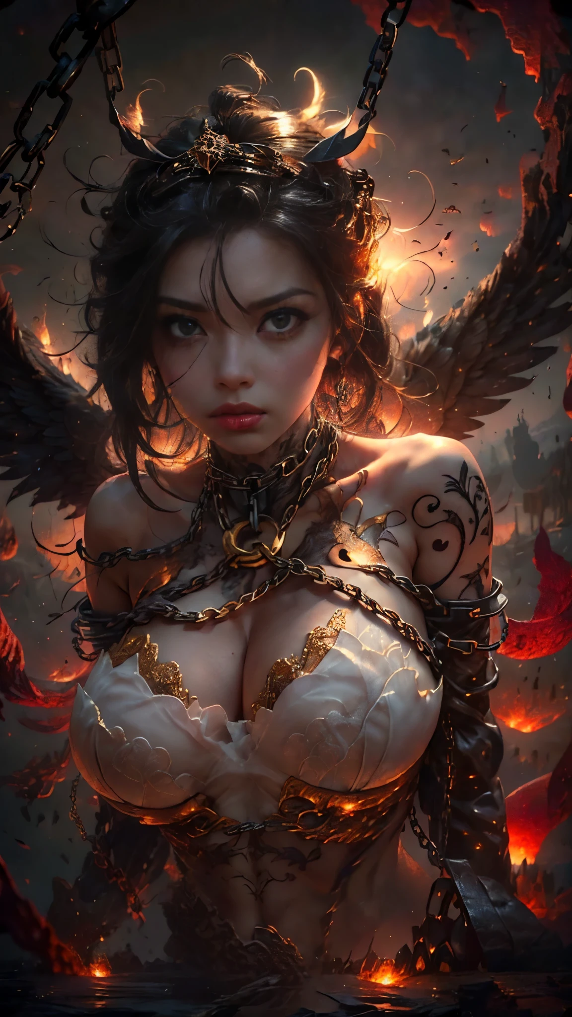 (masterpiece, highest quality, official art, beautiful and aesthetic:1.4), ((fractal art:1.5)), Chaotic world:1.5, Swirling flames:1.3, Swirling lightning:1.3, Swirling ice and snow:1.3, ((perfect dynamic composition:1.4, Detailed tattoos on the whole body:1.4, Wearing detailed body jewelry:1.4)), Highly detailed skin and facial textures:1.4, (big golden wings:1.4, cute and sexy fallen angel:1.4), prisoner of war, slave, tiara, Fair skin, (Correctly wear a heavily torn red dress off the shoulder:1.4), Huge breasts that are about to burst, Do not show areola, big chest gap, (The expression on your face when you feel intense caress, Facial expression when feeling pleasure), Eyes that feel beautiful eros, sexy face, (Too erotic and cute:0.9, Bewitching:0.9), ((torture:1.4, Lots of chains:1.4, countless chains tangled in clothes:1.4, chain the right arm:1.4, chain the left arm:1.4, Bind the right leg with shackles and chains:1.4, Bind the left leg with shackles and chains:1.4)), super long blonde curly hair
