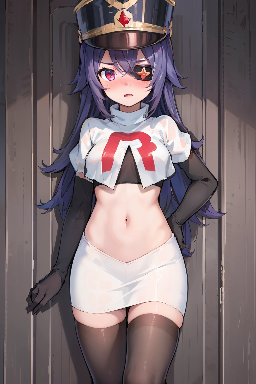 ((masterpiece,best quality)), 1girl, chevreuse, shako cap, eyepatch, blush, team rocket,team rocket uniform,white skirt,red letter R,crop top,black thigh-highs,black elbow gloves, embarrassed, blush