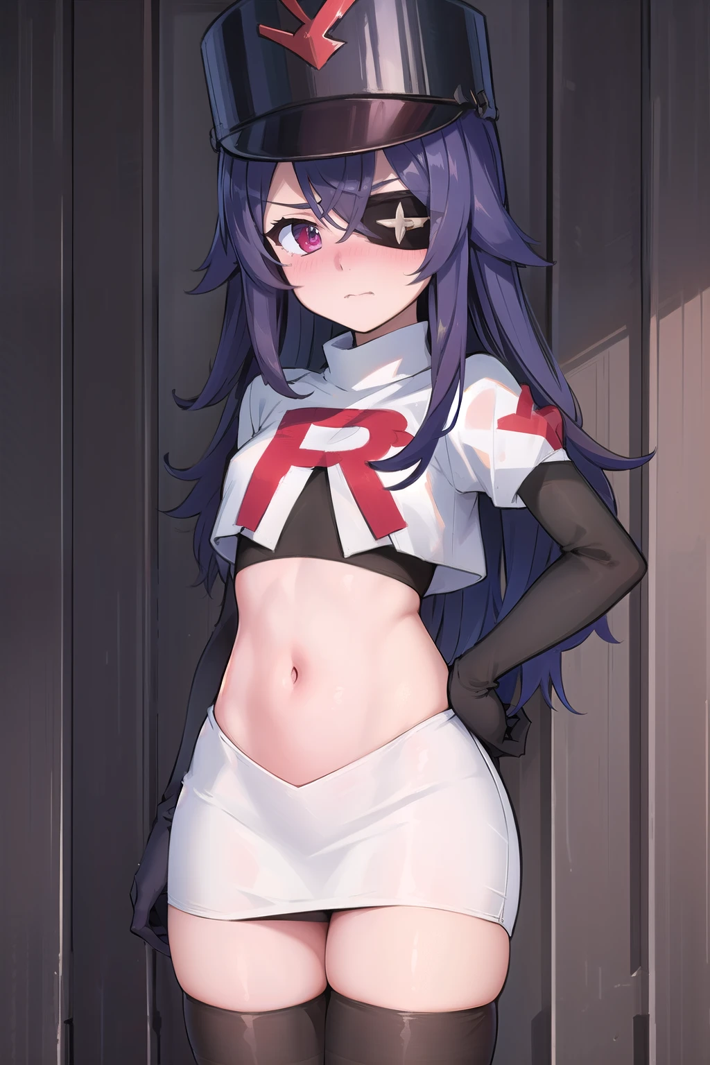 ((masterpiece,best quality)), 1girl, chevreuse, shako cap, eyepatch, blush, team rocket,team rocket uniform,white skirt,red letter R,crop top,black thigh-highs,black elbow gloves, embarrassed, blush