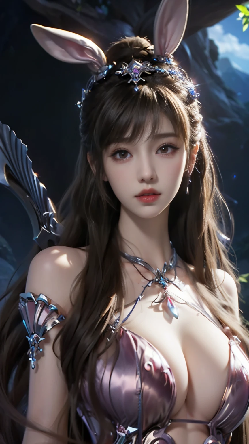 Close-up of a woman with rabbit ears and a sword, Queen of the Sea Mu Yanling, Zodiac Girl Knight Portrait, Lineage 2 style, Smooth anime CG art, Game CG, beautiful fantasy queen, Complex and gorgeous anime CGI style, drank, Goddess whole body,round face, anime goddess, dead, Realistic anime girl rendering,huge breasts,Larger breasts,Hollow clothes,transparent clothes,More transparency,amazing breast size,Raised nipples,bareness的乳房,Extensive nudity,More nudity,Expose more breasts,bareness,big ass