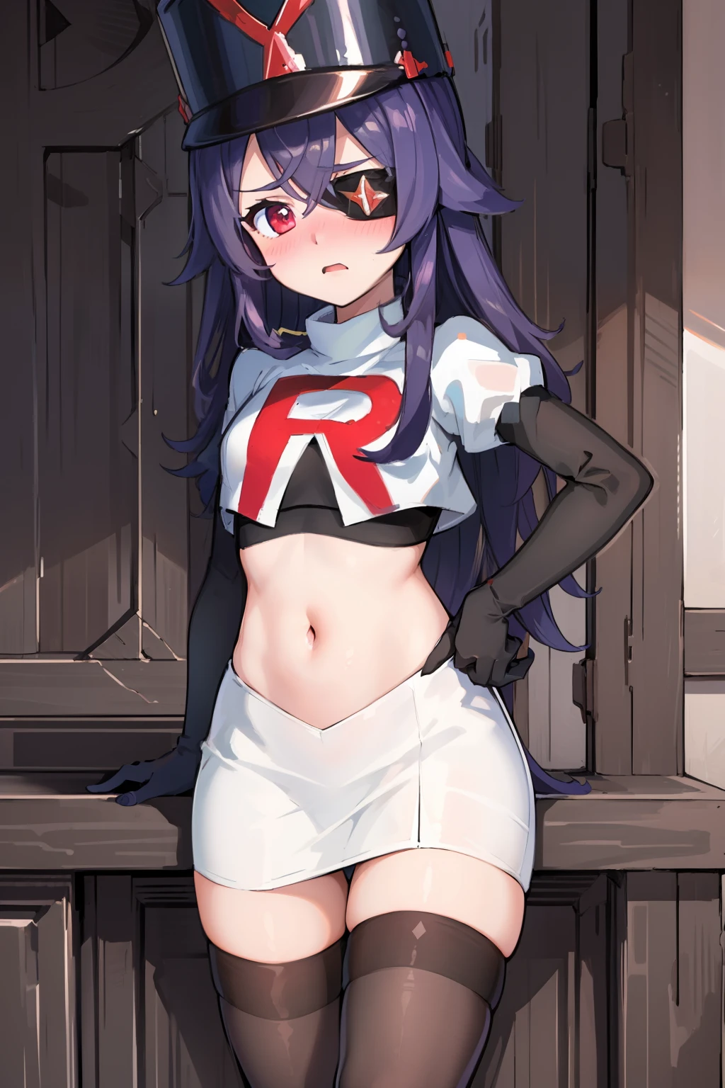 ((masterpiece,best quality)), 1girl, chevreuse, shako cap, eyepatch, blush, team rocket,team rocket uniform,white skirt,red letter R,crop top,black thigh-highs,black elbow gloves, embarrassed, blush