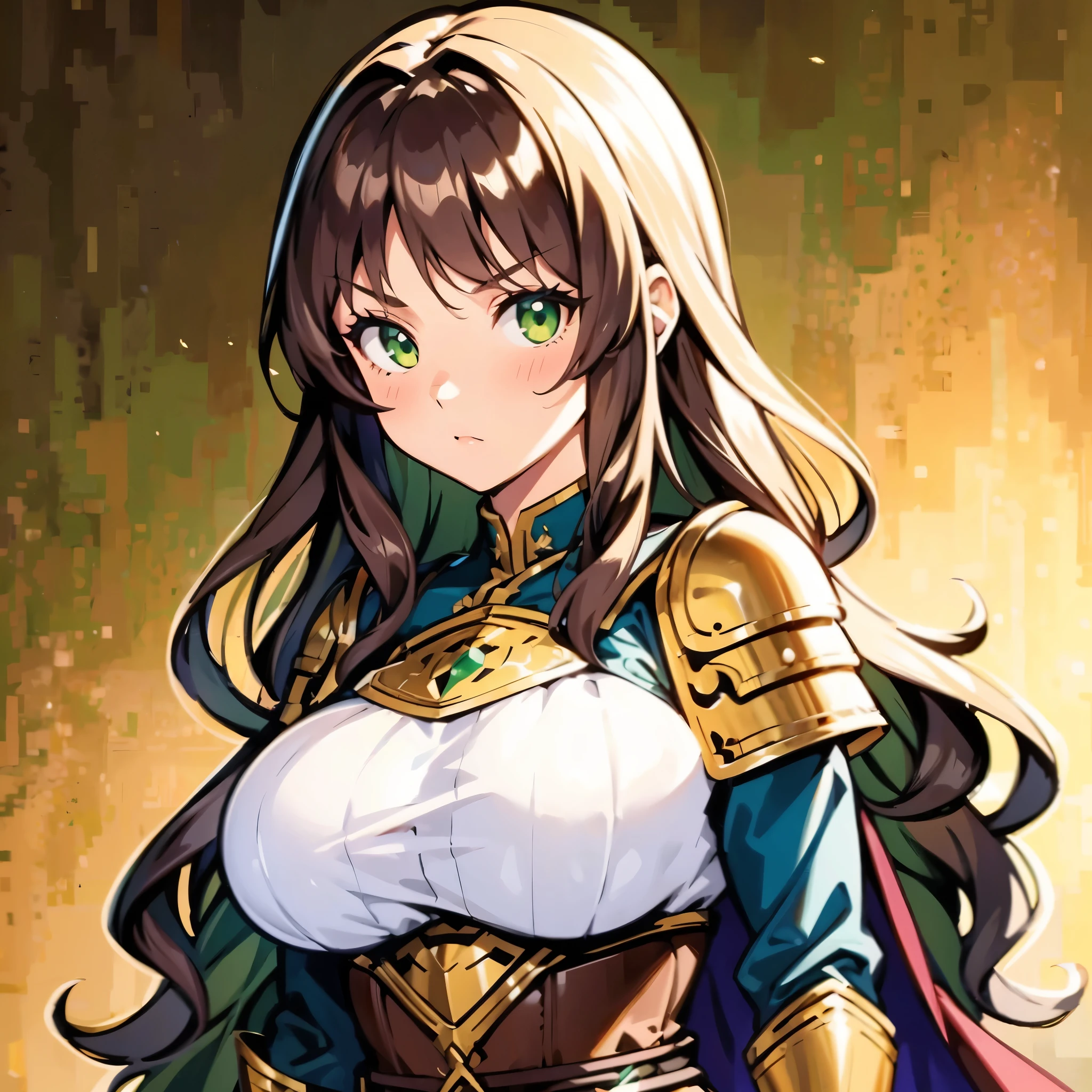 1girl, long wavy brown hair, green eyes, big breast, medieval light armor, serious, solo, best quality, masterpiece, portrait, simple background, looking at the camera, from the front, detailed, perfect anatomy, detailed art, high definition, 4k, high resolution