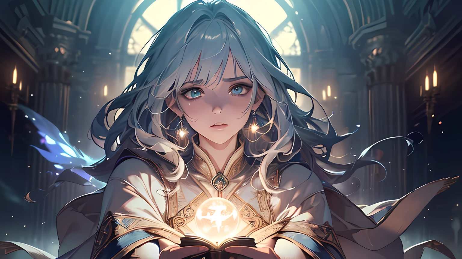 (ultra-detailed CG unity 8k wallpaper, masterpiece, best quality, depth of field, HDR, intricate), from Greg Rutkowski, (detailed face, detailed eyes), magician, enchanting, mystical, spellbinding, mystical powers, flowing robe, glowing orbs, captivating aura, mesmerizing stage, wondrous illusions, mysterious atmosphere, beautiful women, detailed face, plump lips