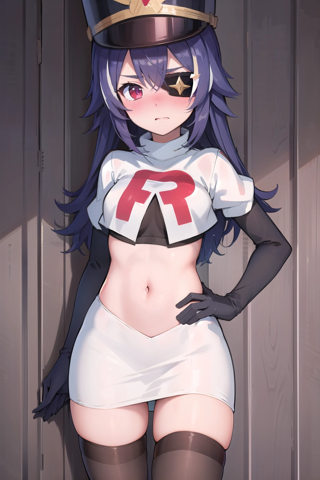 ((masterpiece,best quality)), 1girl, chevreuse, shako cap, eyepatch, blush, team rocket,team rocket uniform,white skirt,red letter R,crop top,black thigh-highs,black elbow gloves, embarrassed, blush