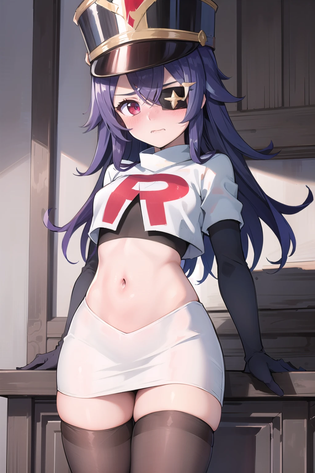 ((masterpiece,best quality)), 1girl, chevreuse, shako cap, eyepatch, blush, team rocket,team rocket uniform,white skirt,red letter R,crop top,black thigh-highs,black elbow gloves, embarrassed, blush