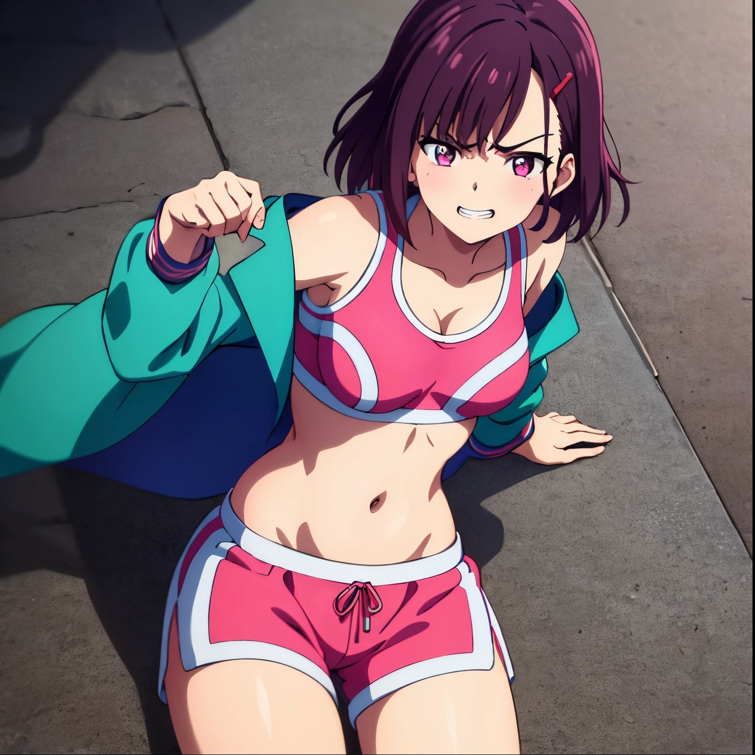 1girl, alone,masterpiece, best quality,   shizuka mikazuki, hairclip, pink sports bra, cleavage, pink shorts, short shorts, blue and green jacket, large breasts, standing, from above, off-shoulder, from above, furrowed brow, grin, looking at viewer, night sky, alleyway, purple leggings,medium breasts, medium waist, wide hips, medium thighs, excellent anatomy, good hands 