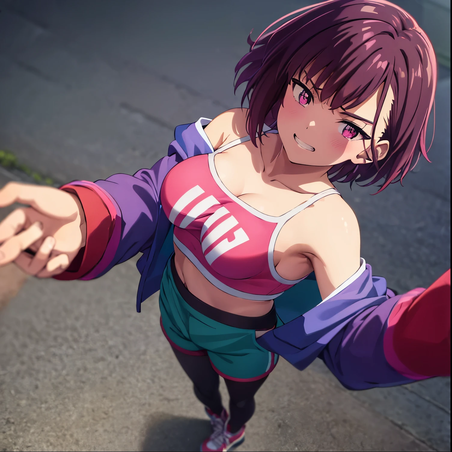 1girl, alone,masterpiece, best quality,   shizuka mikazuki, hairclip, pink sports bra, cleavage, pink shorts, short shorts, blue and green jacket, large breasts, standing, from above, off-shoulder, from above, furrowed brow, grin, looking at viewer, night sky, alleyway, purple leggings,medium breasts, medium waist, wide hips, medium thighs, excellent anatomy, good hands 