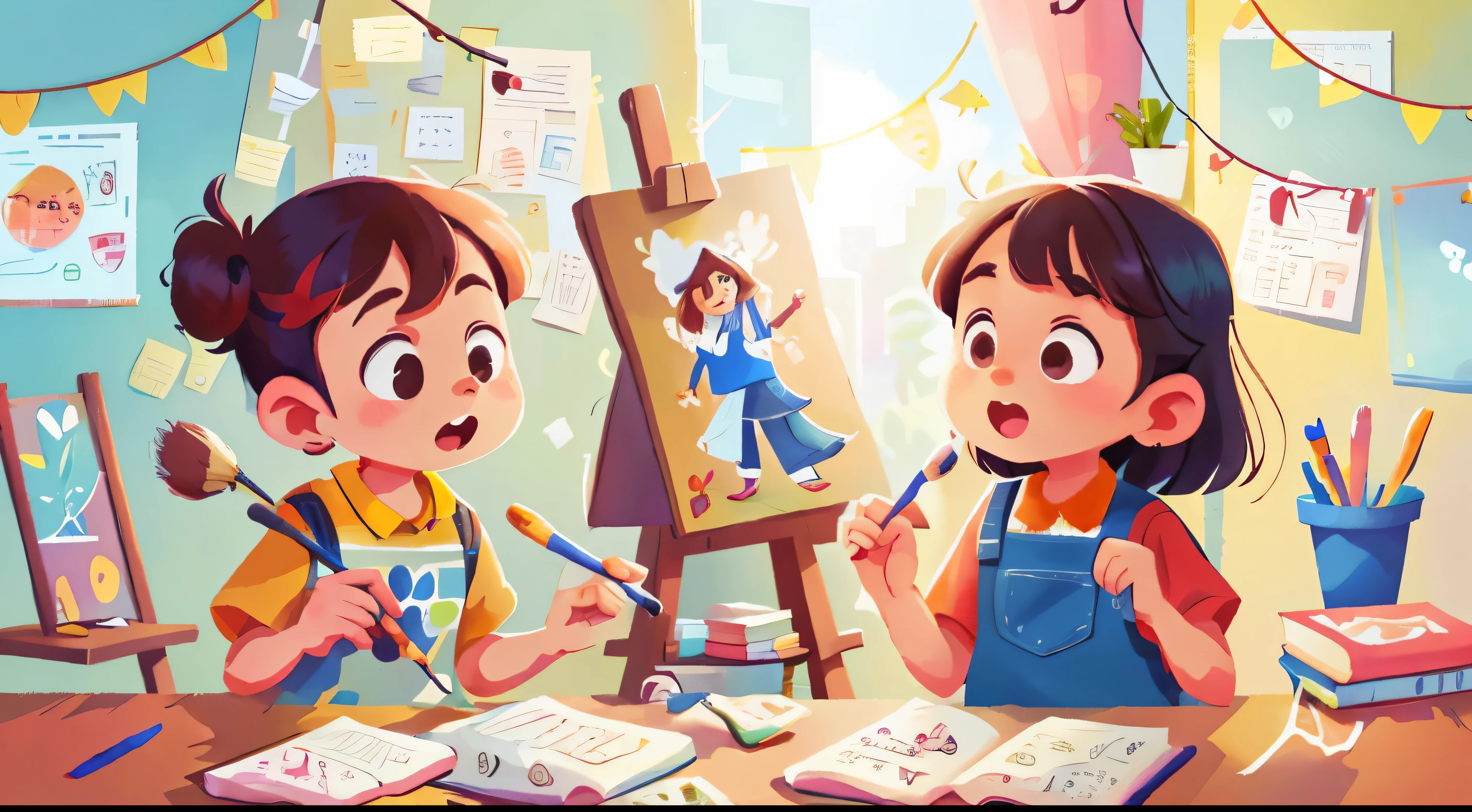flat illustration,in the classroom,Two young people are talking,One of them is holding a paintbrush,facing the easel,medium shot,8k,perfect details