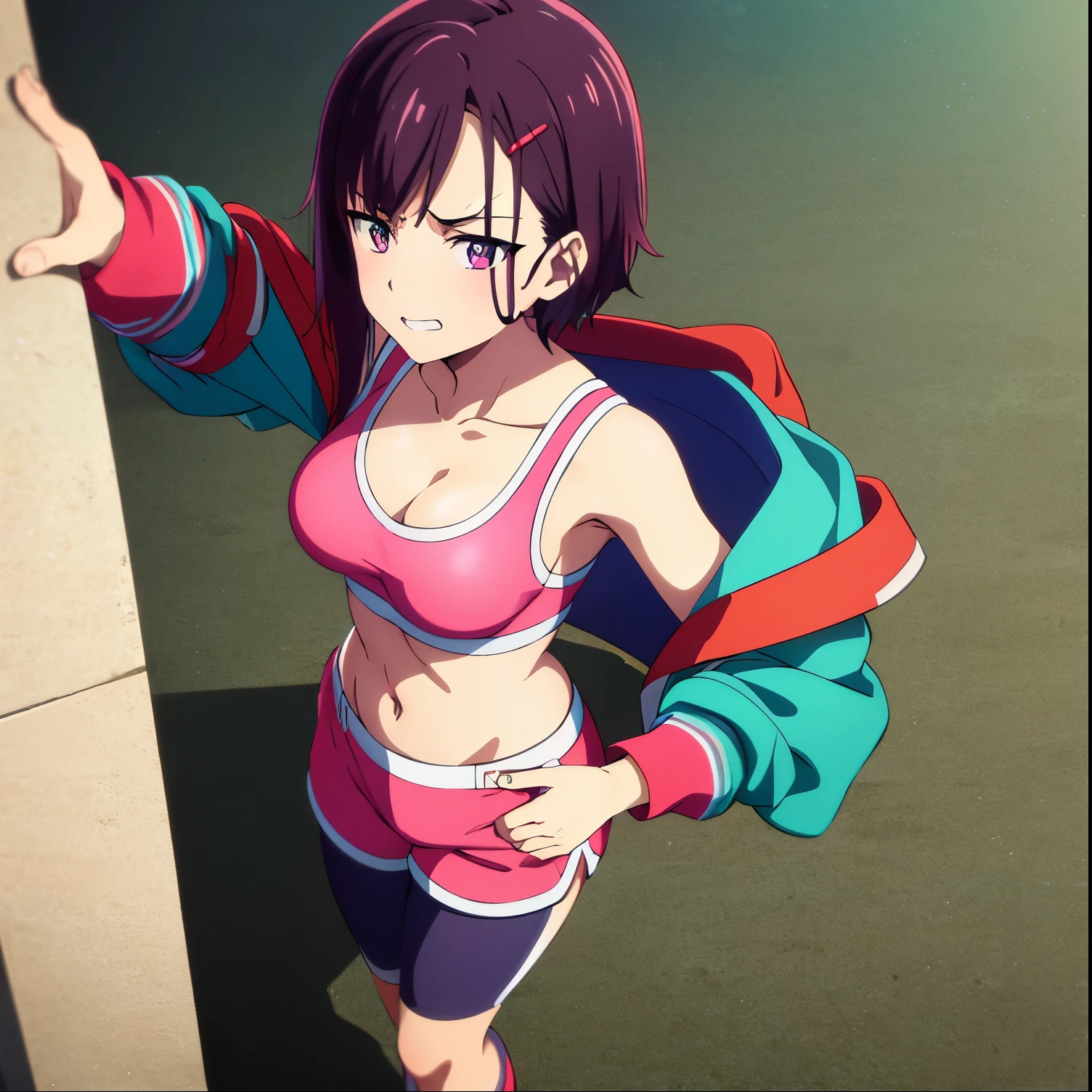 1girl, alone,masterpiece, best quality,   shizuka mikazuki, hairclip, pink sports bra, cleavage, pink shorts, short shorts, blue and green jacket, large breasts, standing, from above, off-shoulder, from above, furrowed brow, grin, looking at viewer, night sky, alleyway, purple leggings,medium breasts, medium waist, wide hips, medium thighs, excellent anatomy, good hands 