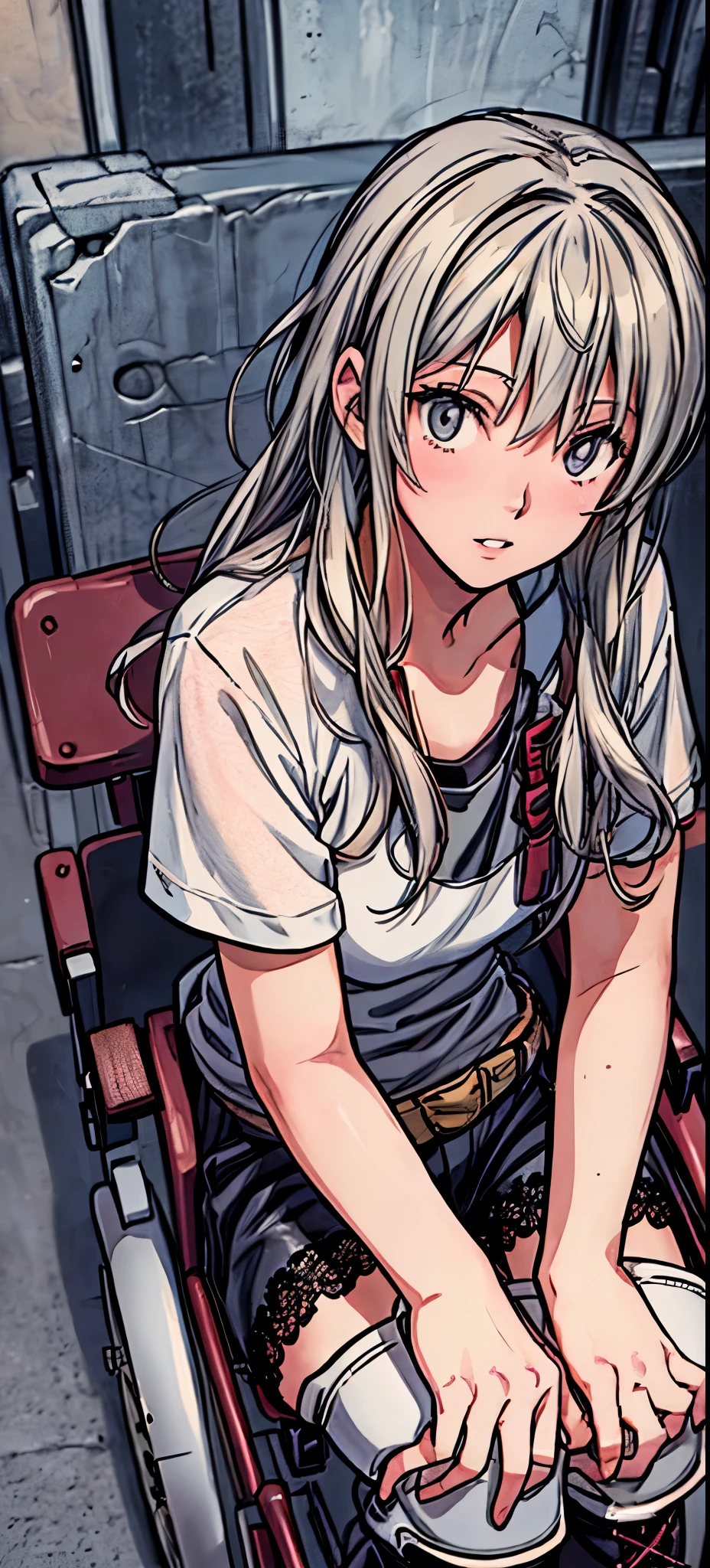 (highest quality,4K,8K,High resolution,table top:1.2), Super detailed, (realistic,photorealistic,photo-realistic:1.37), ((full body)),sickly beautiful girl, panic, I was surprised,((gray hair color)),((medium long hair)), ((Being in a wheelchair)),((row a wheelchair)),((hair above the eyes)),((t-shirt)),((shorts)),((wear black open finger gloves)),((black lace-up long boots)),((knee pads)),((braces in legs)),espadrilles,beautiful and detailed eyes, beautiful detailed lips, highly detailed eyes and face, long eyelashes, realistic anime 3D style, Smooth anime CG art, Digital rendering by Makoto Shinkai, Moe anime art style, photorealistic rendering of an anime girl, Shinkai Makoto style, Cute anime girl visuals, realistic young anime girl, girl fan art, Created by Anime Artist'studio of.