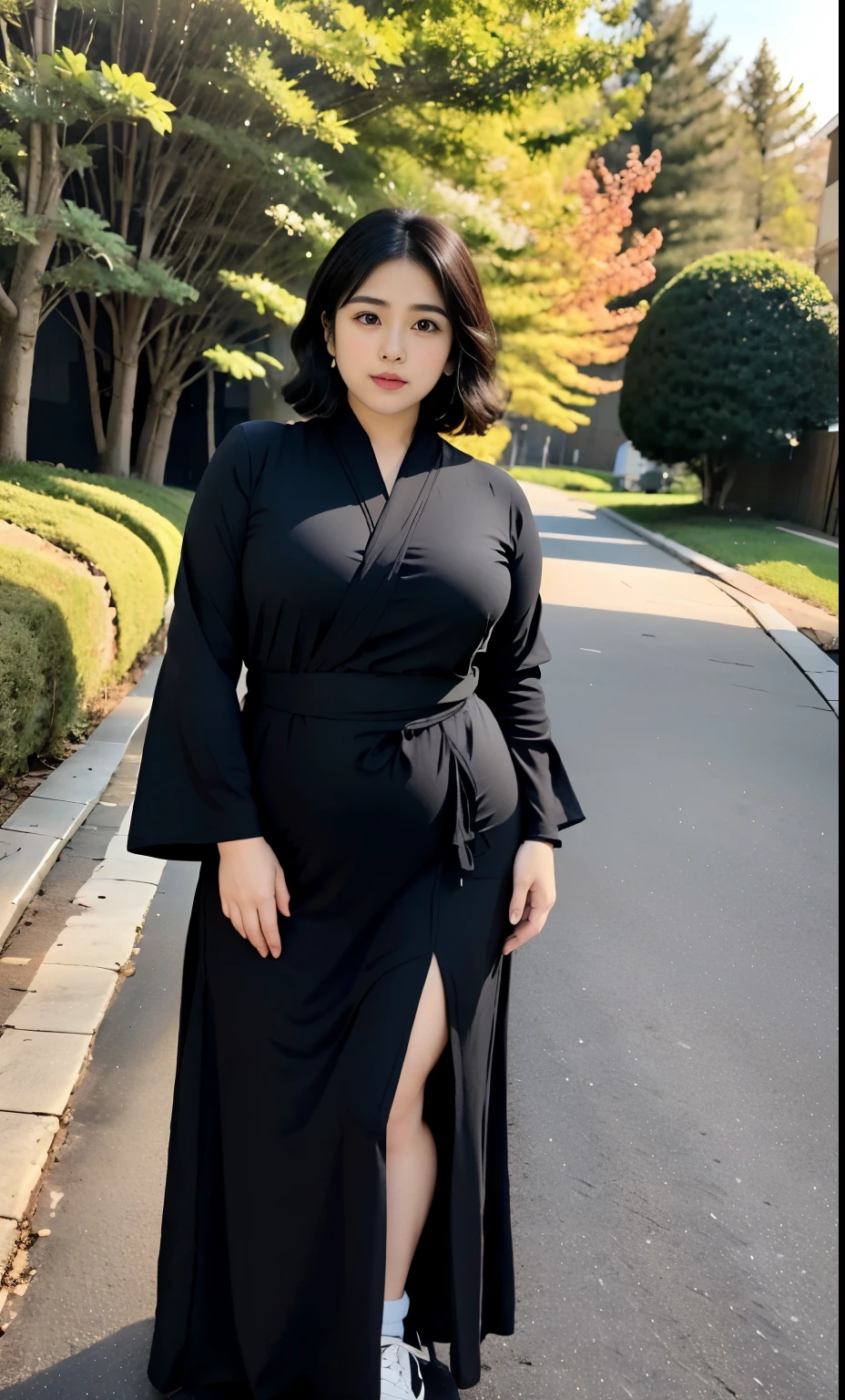 arafed woman in a black-blue dress outfit Stand on a sidewalk, wave short haircut, thicc, , korean woman, wearing black robe, asian woman, bbwchan, photograph of a techwear woman, hijab, wearing a black robe, woman in black robes, random pose, wearing dark-blue robe, asian women, korean girl, red sneakers, chubby cheeks. Full body, , 45 years old, thick body, beautiful thick female, wide hips, thick legs, she has a jiggly fat round belly, thick thighs, curvy hourglass figure, thicc, curvy model, widest hips, hyperrealistic full figure, bbwchan, voluptuous body, thick, , hena on arm, hena in belly, , muslim clothes, 45 years woman. , chubby cheeks, Body height 175 cm.