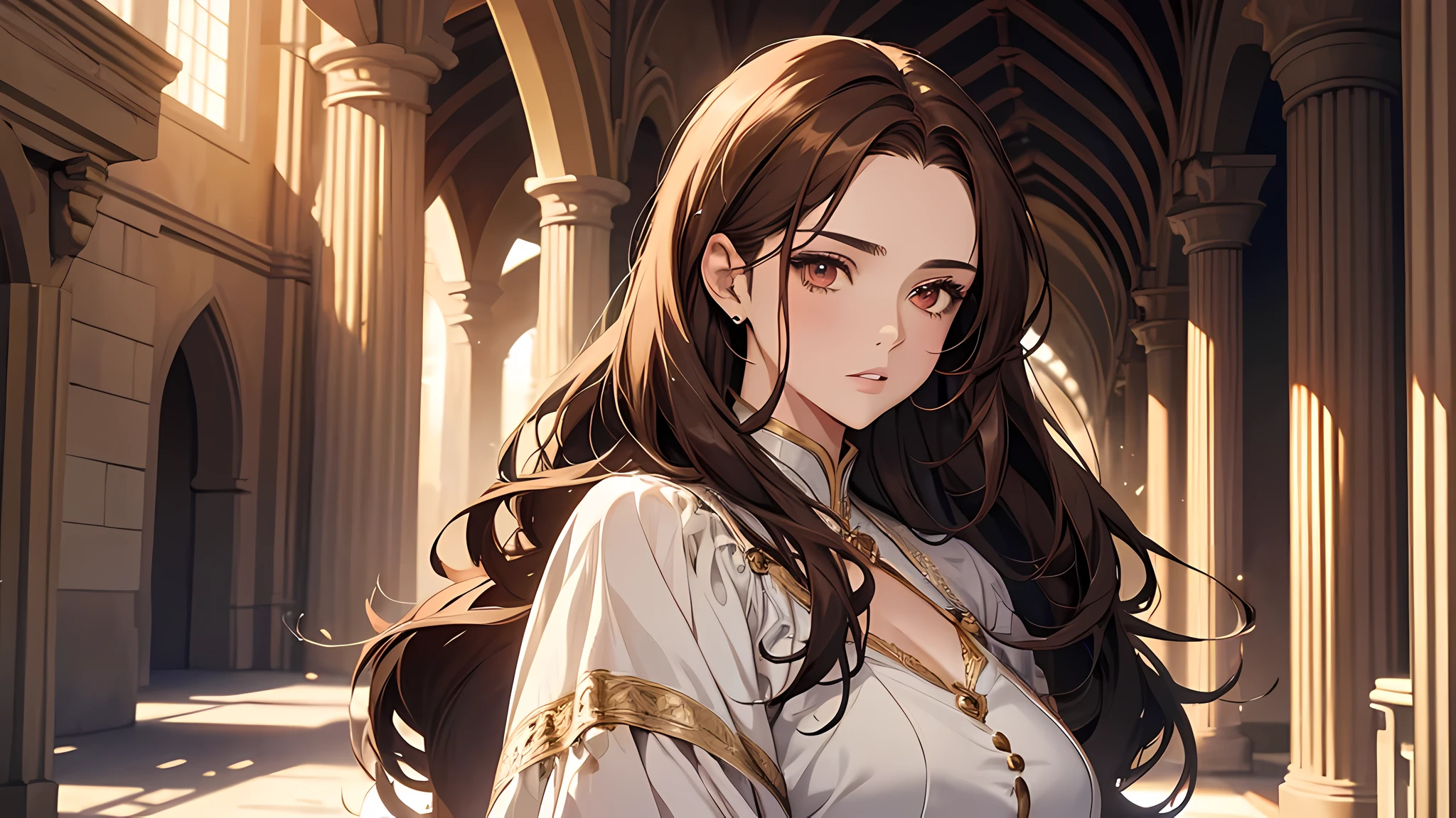 best quality, highres, A woman walking in castle hallway, beautiful girl, thick brown hair, brown eyes, plump lips, face detailed, Clear facial expressions,Detailed digital anime art,digital anime art,High quality anime art style,medieval times, wearing white gown, thinking, calm face, plump lips
