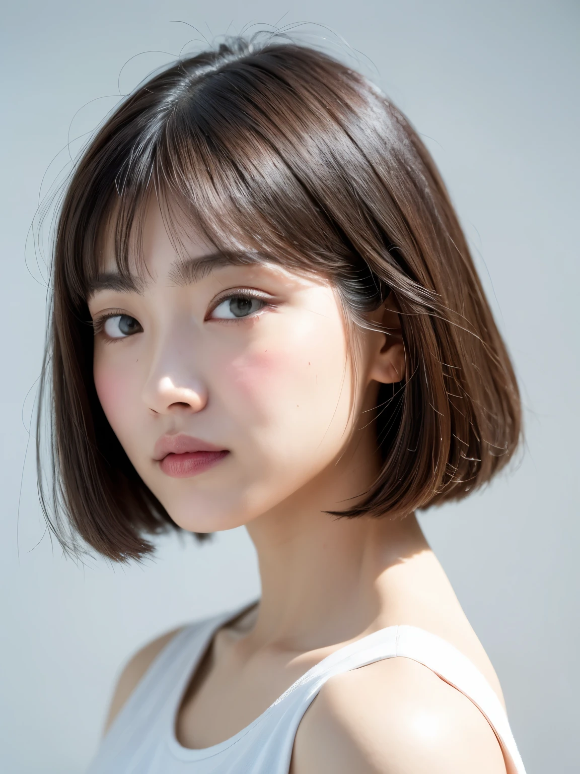 (highest quality、8K、32K、masterpiece、nffsw:1.2)、photo of cute japanese woman、very short bobbed hair、Upper body、surface focus、pastel long sleeve dress、necklace、white and simple background、From above、looking at the viewer、mix 4、(8K、Raw photo、highest quality、masterpiece:1.2)、(realistic、Photoreal:1.37)、1 girl、Shot in natural light、photon mapping、Physically based rendering、short curly hair、Handsome、girly、excellent image quality、High resolution、1080P、(clean face)、(Detailed facial description)、(detailed description of hands)、(Masseter muscle part)、(Detailed CG)、 extreme light and shadow、hair is dirty、masterpiece、rich details、(exquisite features)、(best image quality)、(masterpiece)、(detailed eye)、delicate clavicle、Versatile poses、Don'don't watch the mela、profile、white wall、Taken in front of the white door、(窓のあるwhite wallの部屋)