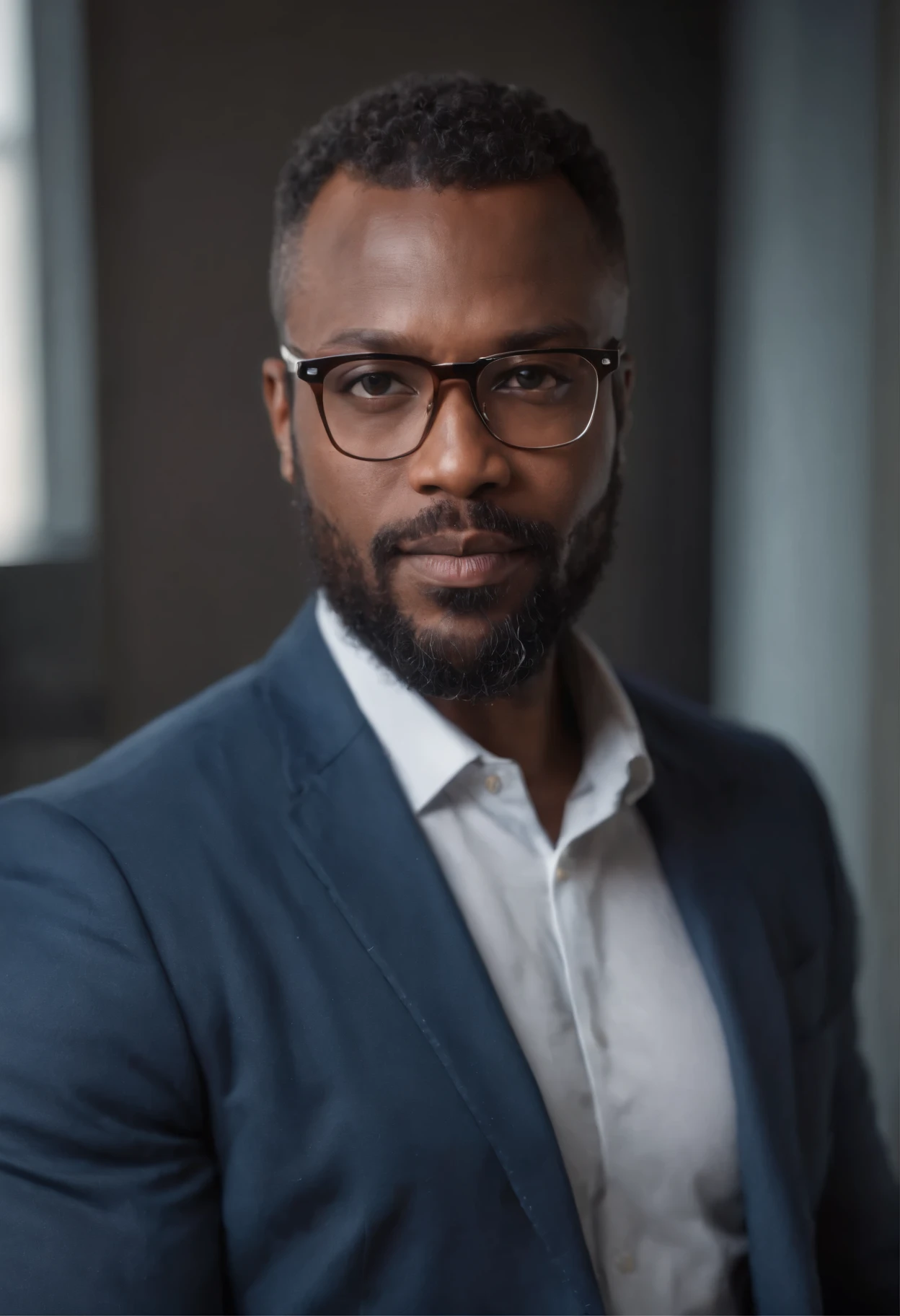 centered chest up portrait of bearded 45 year old strong big well built dark black skinned AFRICAN BUSINESSMAN IN glasses and with middle sized curly hair business-casual attire, MODERN OFFICE BACKGROUND