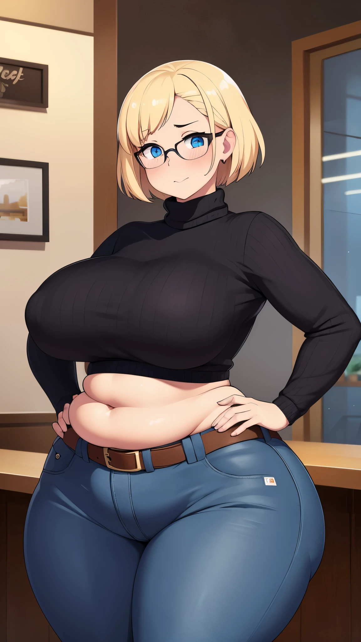 ((highres)), Masterpiece, high quality, best quality, beautiful, perfect lighting, detailed face, ultra cute face, (((1girl))), ((solo)), looking at viewer, short hair, fluffy hair, blonde hair, blue eyes, Glasses, ((blush)), shy, nervous, embarrassed, black turtleneck sweater, jeans, belt, extremely tight clothes, medium breasts, ((wide hips)), ((thick thighs)), ((chubby)), belly bulge, belly hang, fat folds, coffee shop, hand on hip, holding coffee cup,