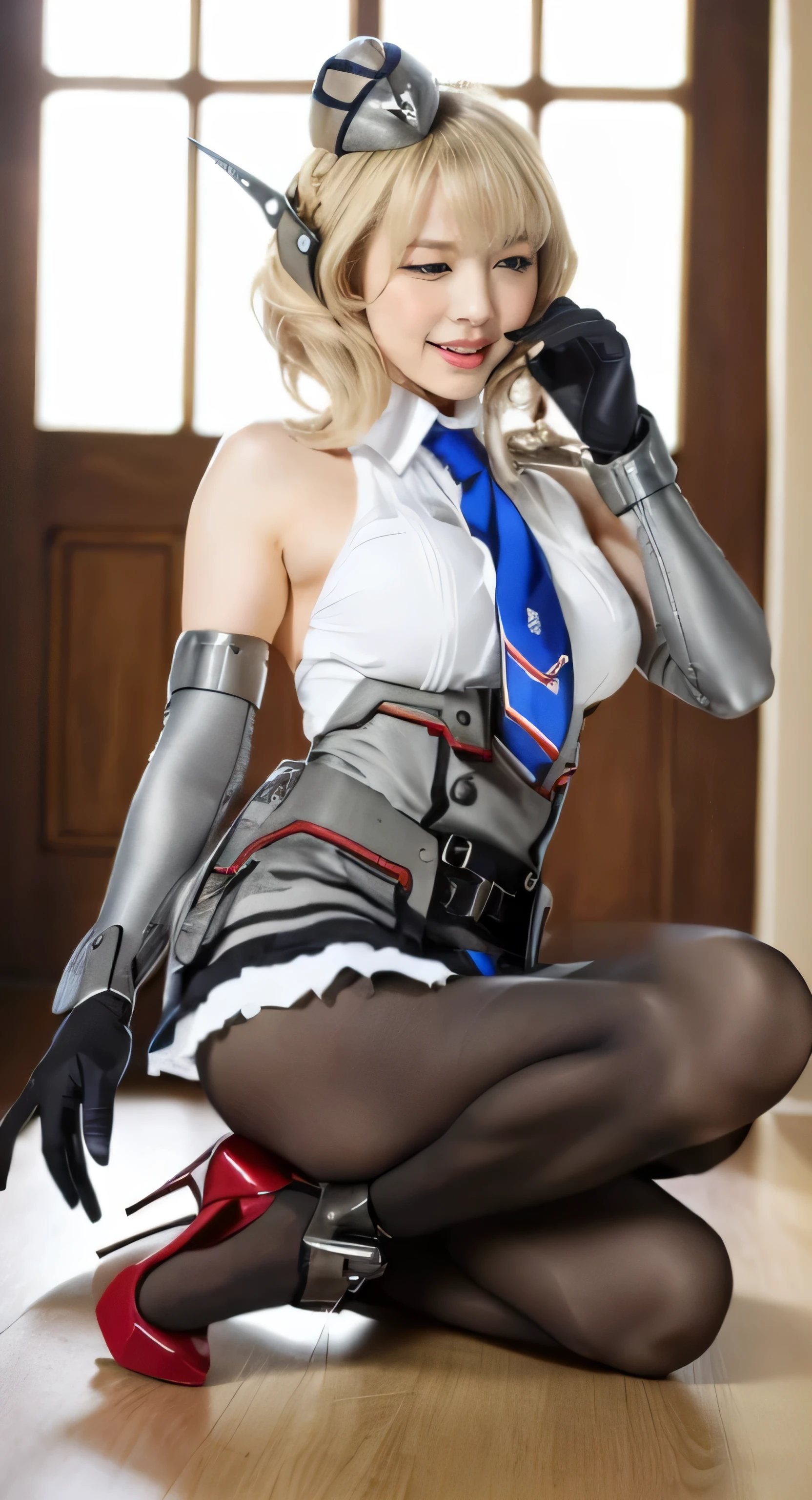 ((masterpiece, highest quality)),(Cowgirl),((spread your legs)),(Ahegao, blush, Sweat, open your mouth, roll your eyes, tears, stick out tongue,)(parted lips),(close your eyes),(feeling weak),((Colorado OG, blonde, garrison cap, elbow bag, tie, Braid, Grey Headgear, hair ornaments, pleated dress,  big breasts, skirt, smile, button, capelet, sleeveless shirt, pantyhose, indoors, high heels, looking at the viewer))