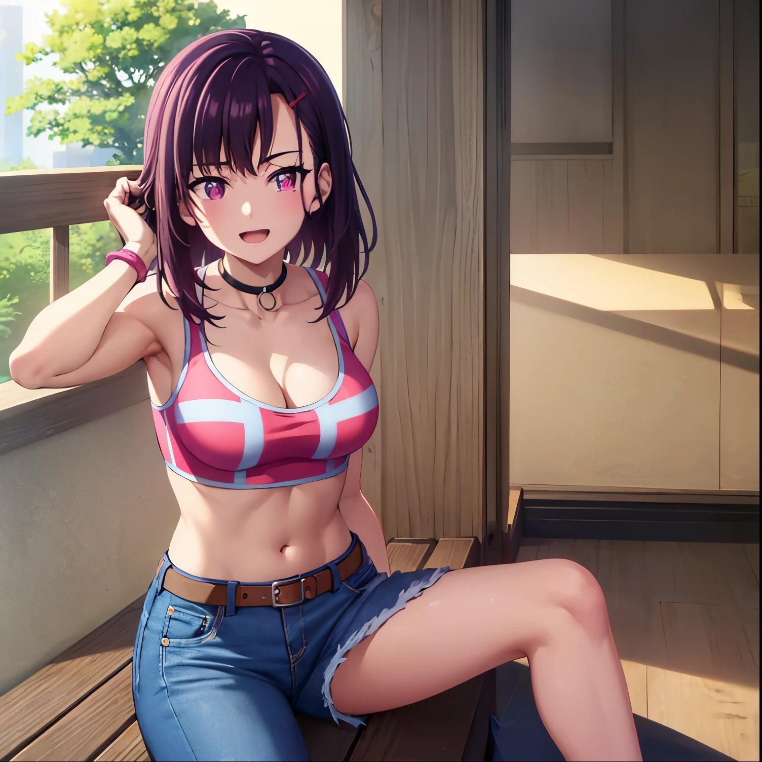 1girl, alone,masterpiece, best quality, absurdres, detailed shadows, skindentation, cowboy shot, beautiful detailed eyes, eyelashes, (abs:0.7), Mikazuki_Shizuka, crop top, choker, leggings, denim shorts, hair ornament, navel, looking at viewer, breasts, midriff, hairclip, thighs, cleavage, smile, bare arms, open mouth happy, wristbands, spikes, denim, short sleeves, belt,
outdoors, city, sitting, bench,medium breasts, medium waist, wide hips, medium thighs, excellent anatomy, good hands
