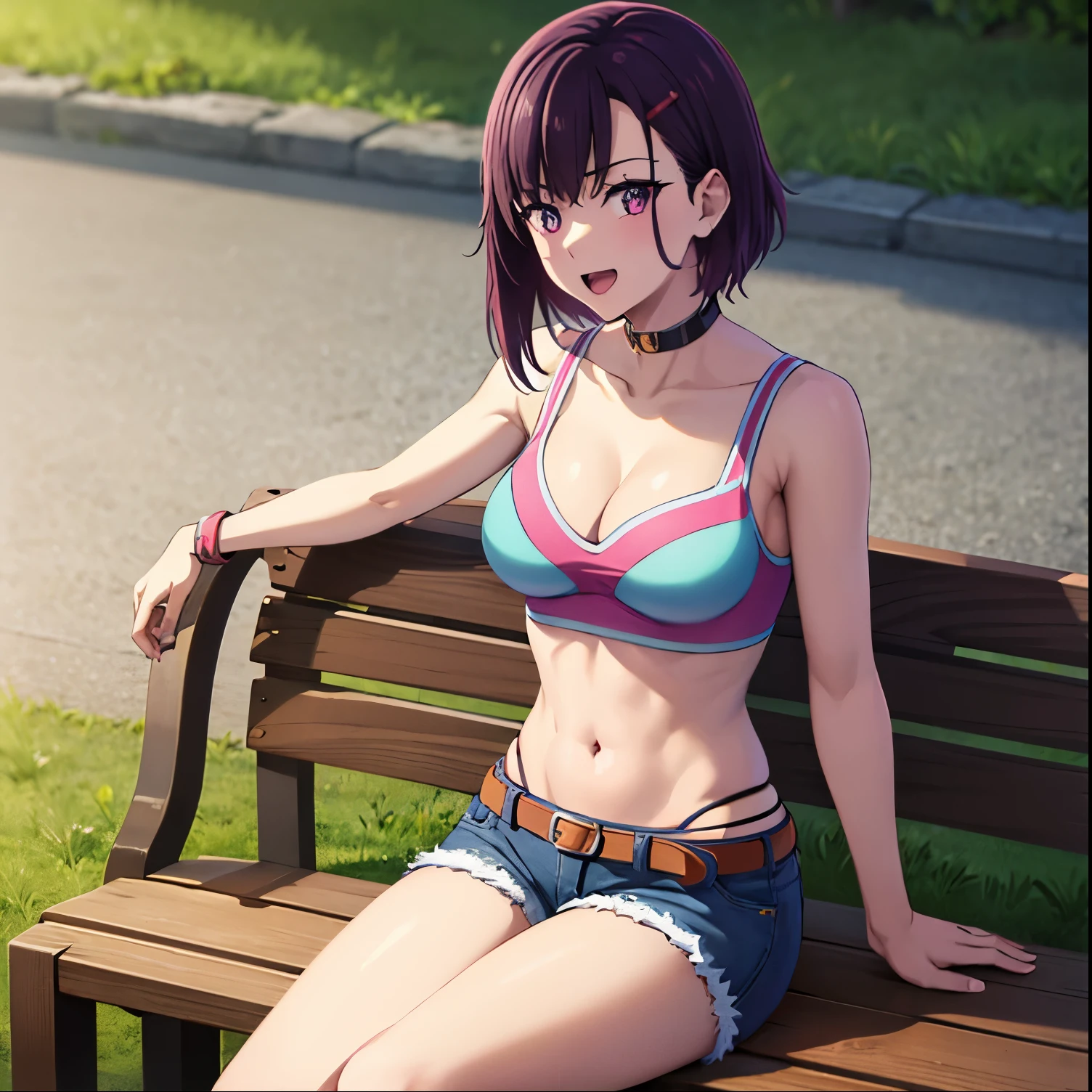 1girl, alone,masterpiece, best quality, absurdres, detailed shadows, skindentation, cowboy shot, beautiful detailed eyes, eyelashes, (abs:0.7), Mikazuki_Shizuka, crop top, choker, leggings, denim shorts, hair ornament, navel, looking at viewer, breasts, midriff, hairclip, thighs, cleavage, smile, bare arms, open mouth happy, wristbands, spikes, denim, short sleeves, belt,
outdoors, city, sitting, bench,medium breasts, medium waist, wide hips, medium thighs, excellent anatomy, good hands