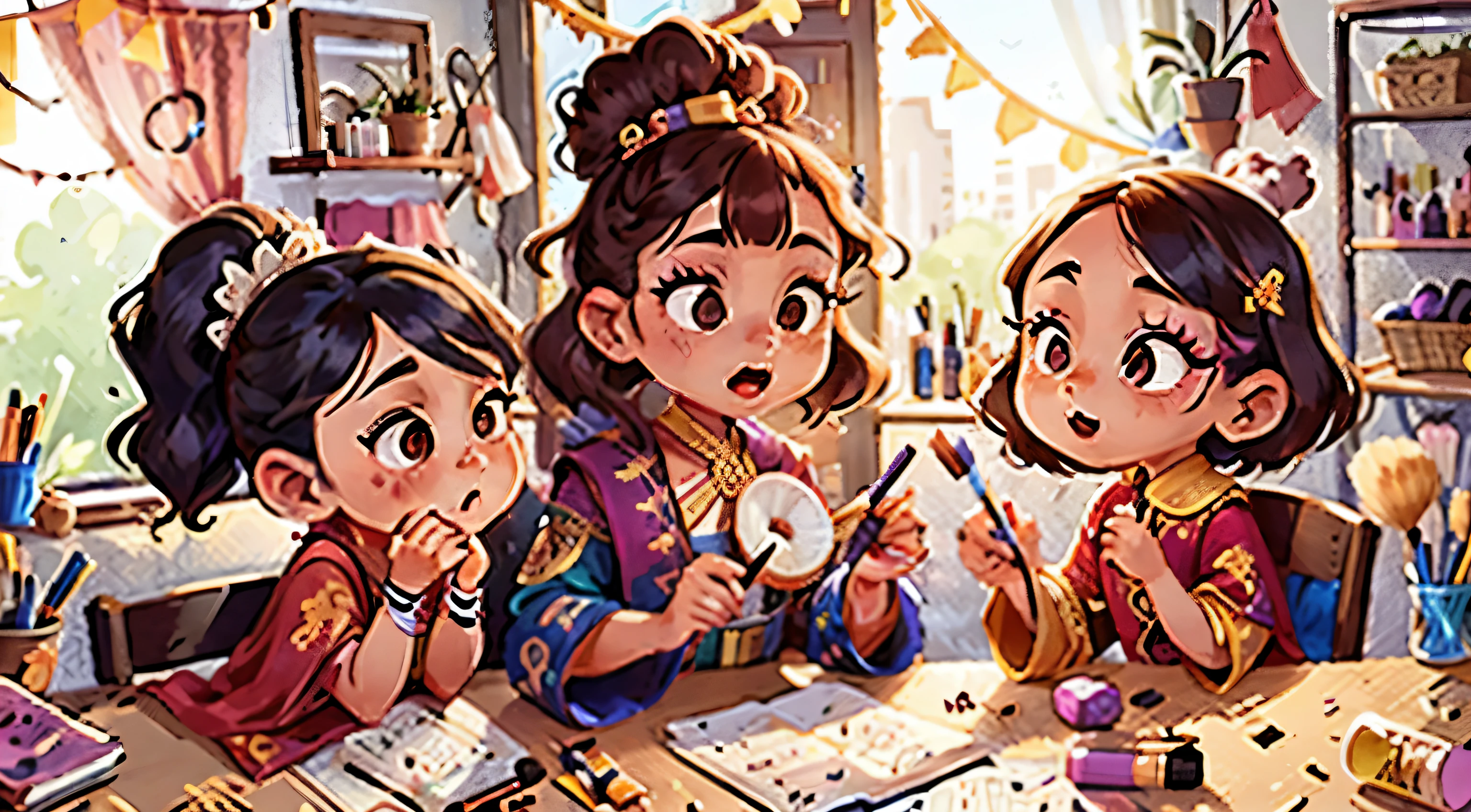 flat illustration,give some space,Three young people are putting on makeup,Dressing table,Hanfu clothing,Ancient,medium shot,night light,8k,perfect details