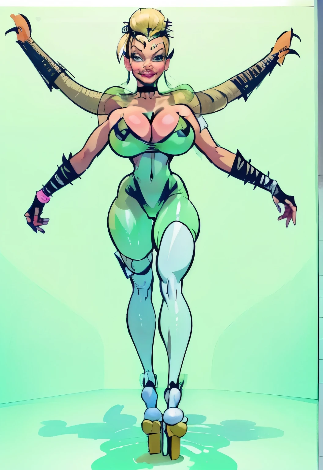 (((Character turn around sheet))), (masterpiece, top quality, best quality, official art, beautiful and aesthetic:1.2), (1girl:1.3), (Tinkerbell), (Disney), blonde hair, extremely detailed, long hair, hair straight down, hair combed to side, detailed hair, portrait, ((navel cutout)), (slendered abs:1.4), bravel, fairy from Peter Pan, (Aletta ocean face), (wings protrude from back back muscles), looking at viewer, solo, (full body:0.6), detailed background, close up, blue eyes, (cool castle theme:1.1), (((white skin, fairy wings, shiny skin, (bandaged hand gloves, bandaged fingers), fairy woman, spread out fairy wings, charlatan, sinister smirk, mysterious, shapeshifting in a castle, revealing tube dress, long lime green heels, long boots, buckles, straps, pouches, collar, sleeveless, lime green latex, ((((breasts, cleavage, skindentation)))), slim waist, slim hips, long legs, fantasy (castle interior:1.1) background, dark mysterious lighting, shadows, magical atmosphere, dutch angle