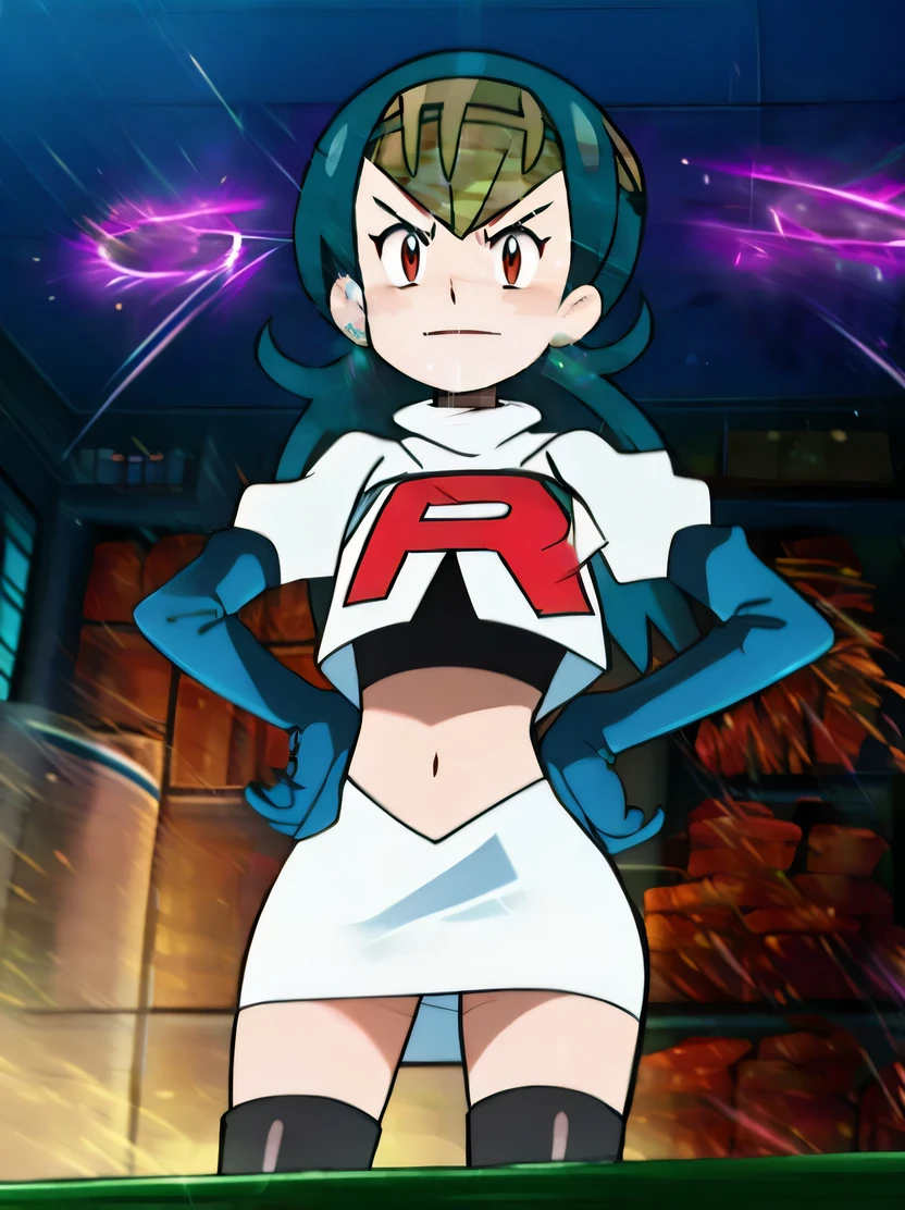 defCorrin, black hairband ,earrings, glossy lips ,team rocket uniform, red letter R, white skirt,white crop top,black thigh-high boots, black elbow gloves, evil smile, hands on hipsteam rocket uniform, red letter r, white skirt, white crop top, black thigh-high boots, black elbow gloves, glaring angrily, looking at viewer, hands on hips, full body seen, zettai ryouiki