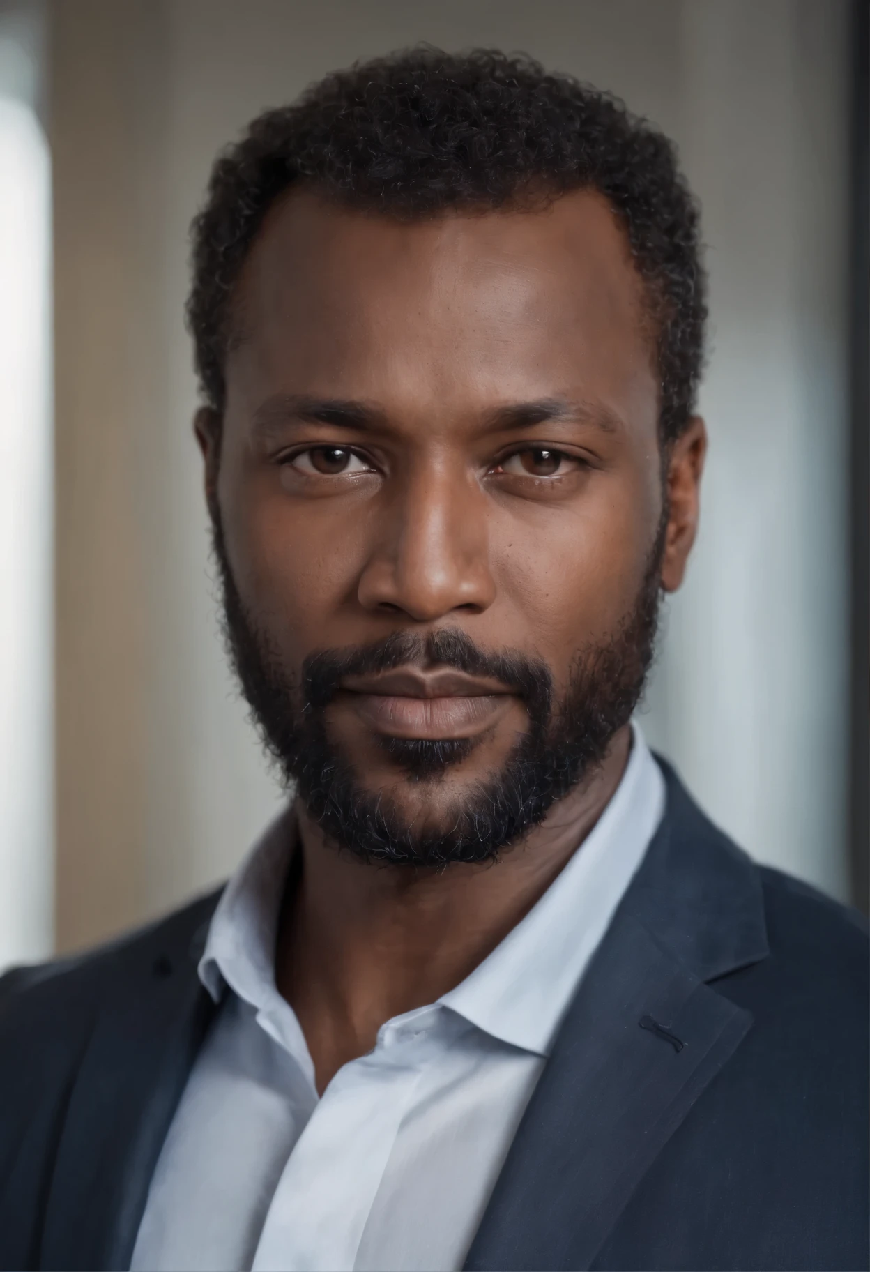 centered chest up portrait of bearded 45 year old   strong big well built dark black skinned AFRICAN BUSINESSMAN IN   with  middle sized curly hair  business-casual attire, MODERN OFFICE BACKGROUND