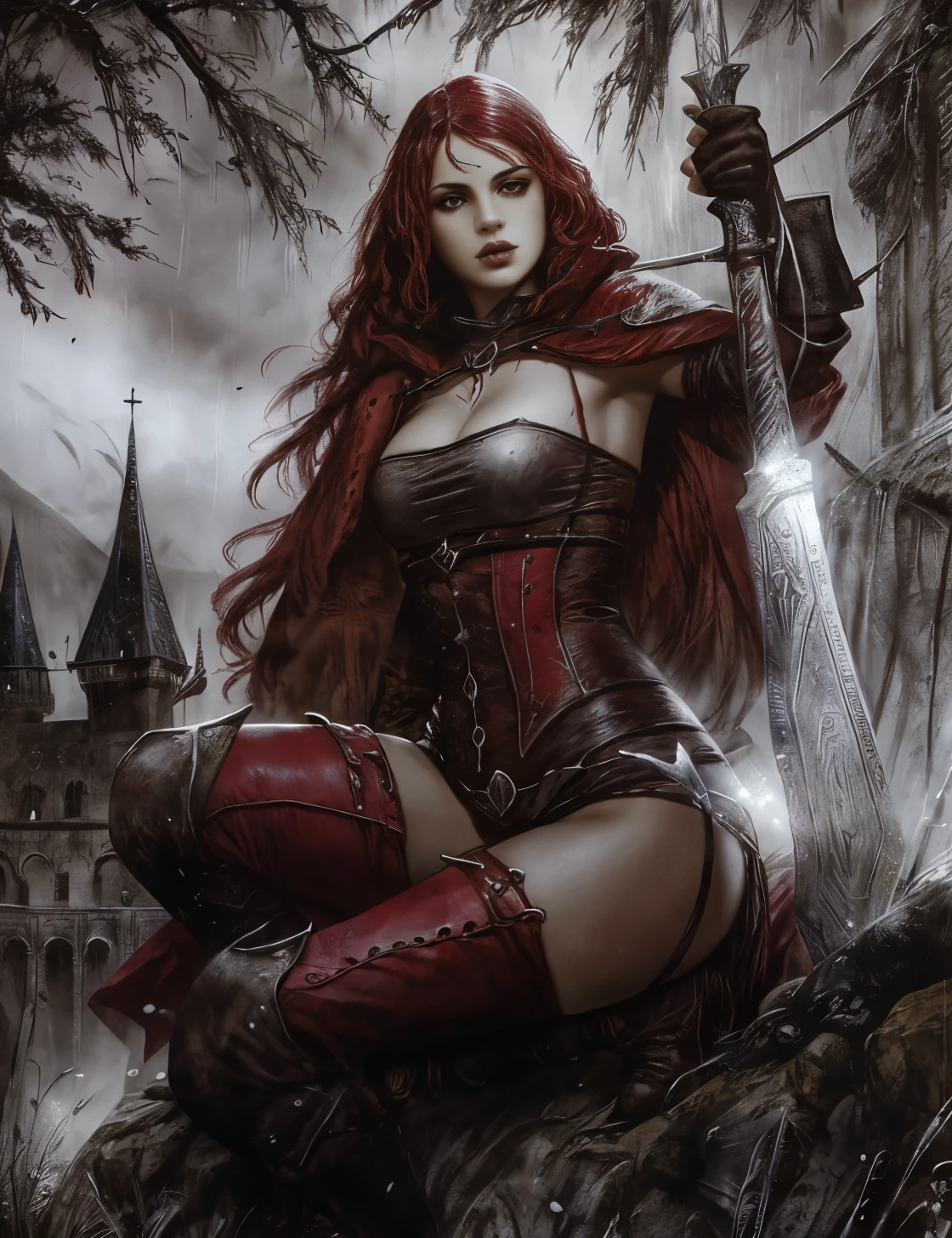 uma mulher com uma roupa vermelha e preta segurando uma espada, senhora de armadura vermelha, gothic fantasy art, beautiful assassina feminina, assassina feminina, Mulher guerreira vampira, arte de fantasia heroica, estilo de Raymond Swanland, linda mulher guerreira, assassina vermelha feminina, guerreiro de fantasia, arte de fantasia sombria, monochrome and red color bleeding, arte de fantasia hd, arte escura de fantasia, Adrian Smith Arte Fantasia