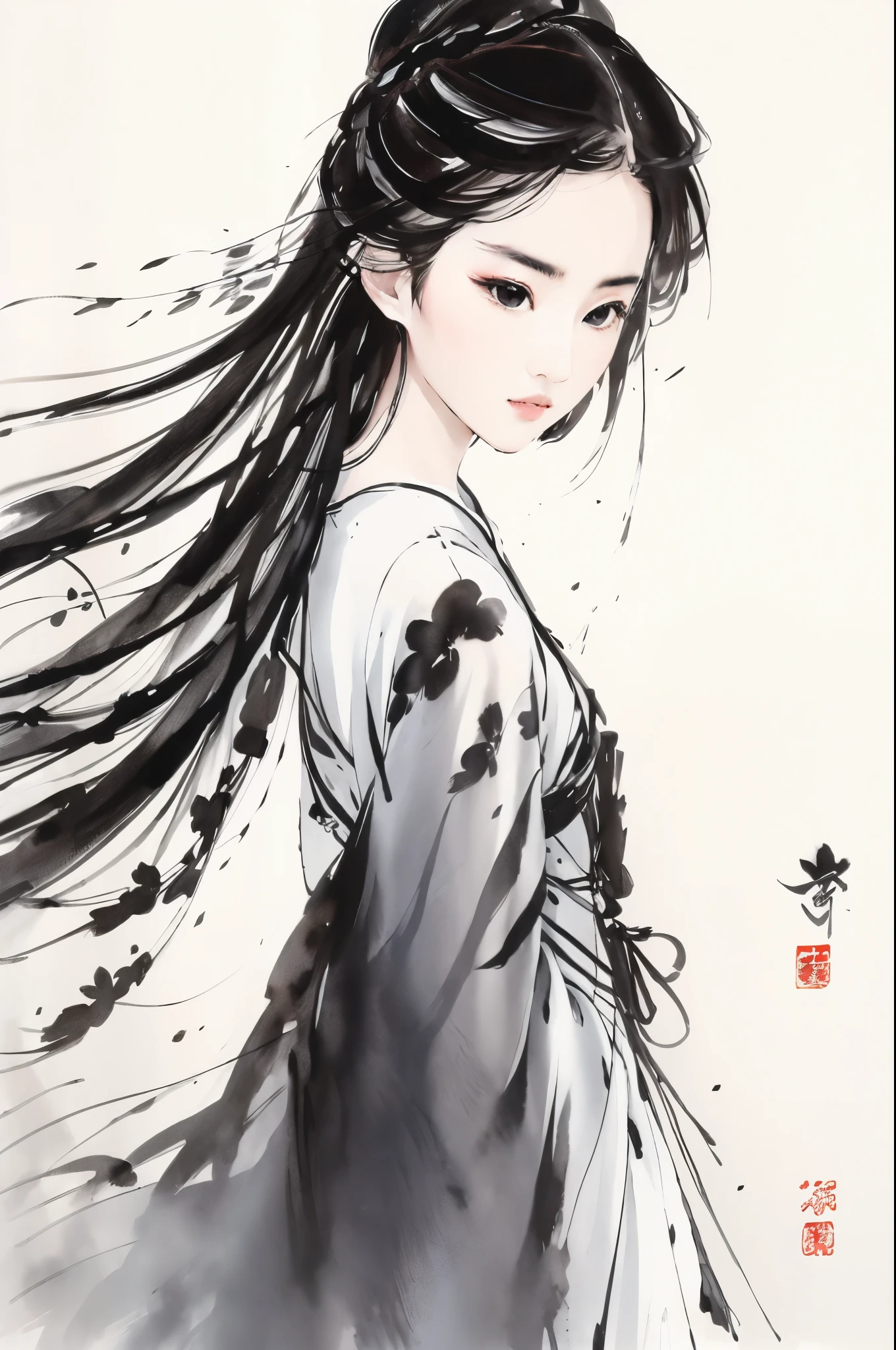 liuyifei, closeup, 1girl, Solo, Long hair, tradition Chinese dress, Black hair, Simple background, White background, Ink wind