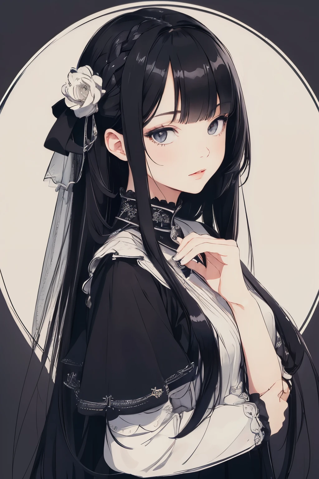 ((best quality)), ((masterpiece)), (detailed), girl, perfect face, long hair, black hair, hime cut hairstyle, grey eyes, full body,