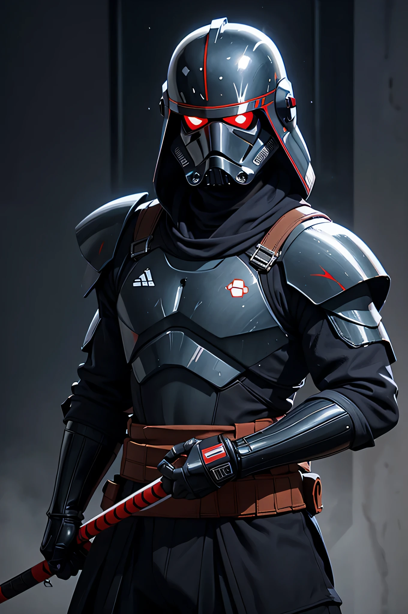 dark trooper. starwars. samurai. jedi. strong. bulky. helmet. black.