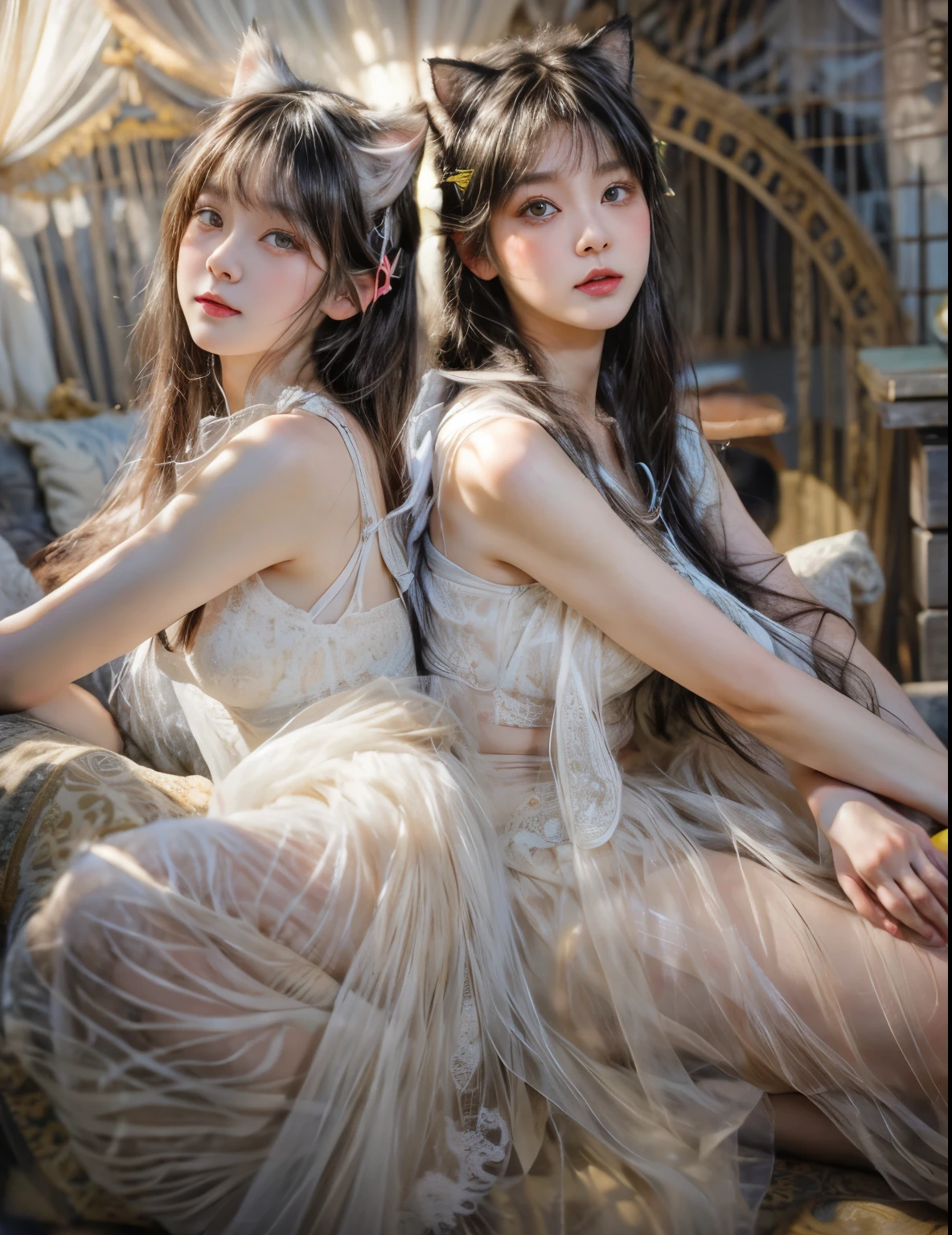 masterpiece、highest quality、cinema、(Detailed both eyes)、(cute japanese woman、bangs:1.3)、23 years old、2 girls、elegant、black hair、(auraroid photo:1.4)、(Cat ear:1.4)、Poland、lingerie