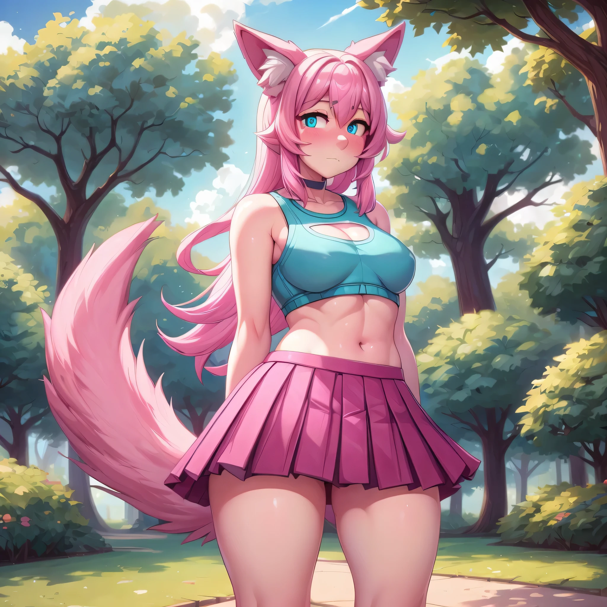 (Masterpiece) (High Detail) (High Res) A close up of a short cute humanoid girl with pale skin and turquoise eyes and long pink hair and pink dog ears and a big fluffy pink dog tail and average breasts and she is wearing a crop-top and pleated skirt, and is stood alone in a park. She looks shy. Pink Hair. Pink Tail.