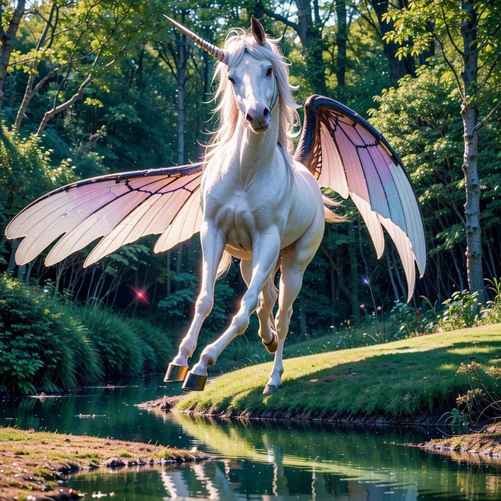 (best quality,4k,8k,highres,masterpiece:1.2),ultra-detailed,(realistic,photorealistic,photo-realistic:1.37),fantasy unicorn,beautiful detailed eyes,flowing colorful mane,sparkling horn,magical surroundings,ethereal atmosphere,golden sunlight,rainbow-colored landscape,whimsical flowers and plants,magical glow,mythical creature,wings,in a dreamy forest,with a fairy,glittering stars,butterflies dancing,reflection in a crystal-clear lake,majestic presence,whispering trees,fairy dust,floating clouds,peaceful and serene,enchanted scenery,soft pastel colors,endless possibilities.