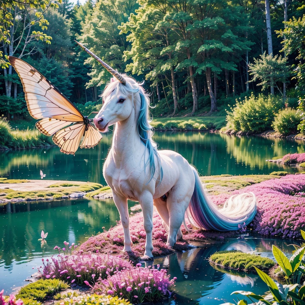 (best quality,4k,8k,highres,masterpiece:1.2),ultra-detailed,(realistic,photorealistic,photo-realistic:1.37),fantasy unicorn,beautiful detailed eyes,flowing colorful mane,sparkling horn,magical surroundings,ethereal atmosphere,golden sunlight,rainbow-colored landscape,whimsical flowers and plants,magical glow,mythical creature,wings,in a dreamy forest,with a fairy,glittering stars,butterflies dancing,reflection in a crystal-clear lake,majestic presence,whispering trees,fairy dust,floating clouds,peaceful and serene,enchanted scenery,soft pastel colors,endless possibilities.