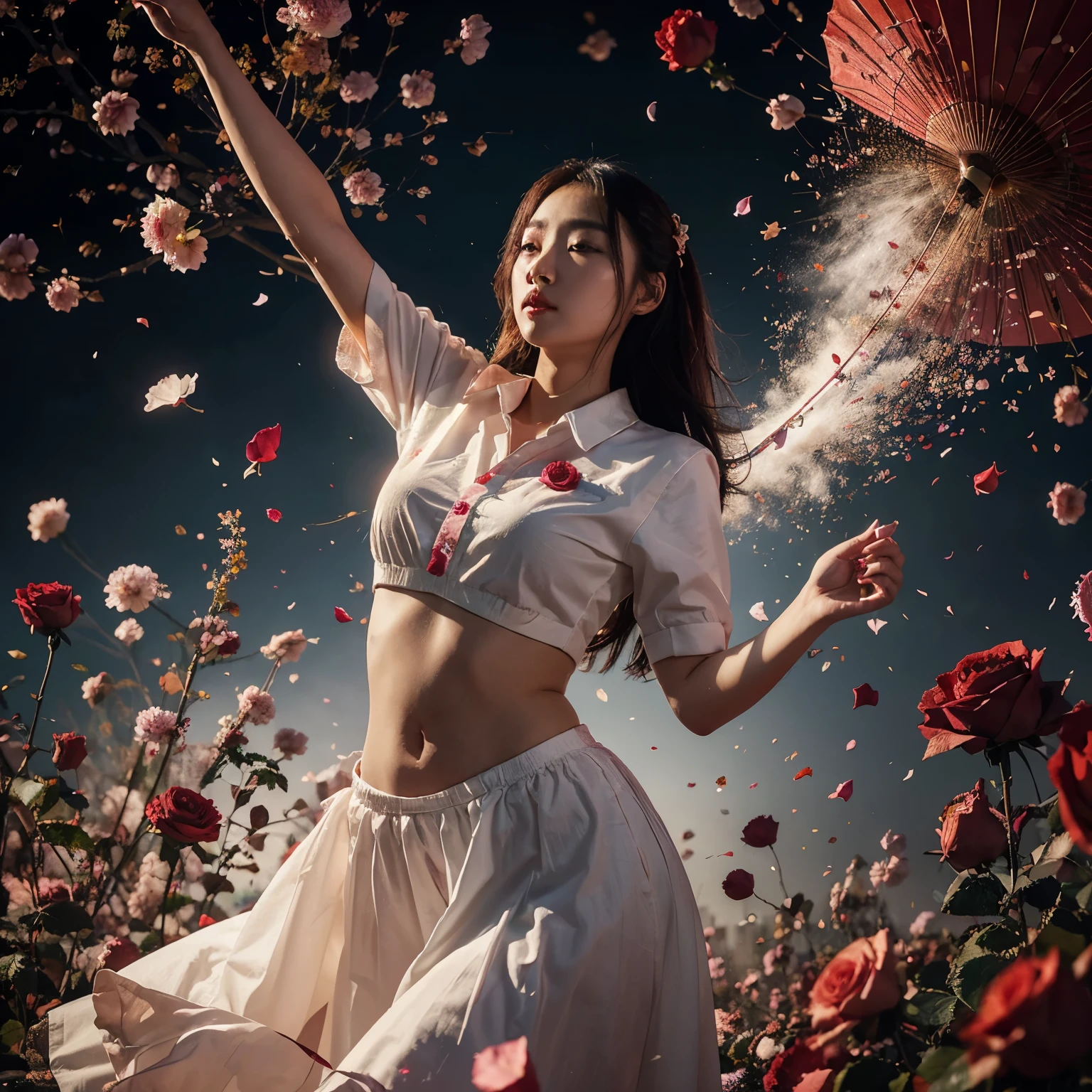 Illustration of a Korean woman, 32k HDR, colorful rose petals decoration floating in the air