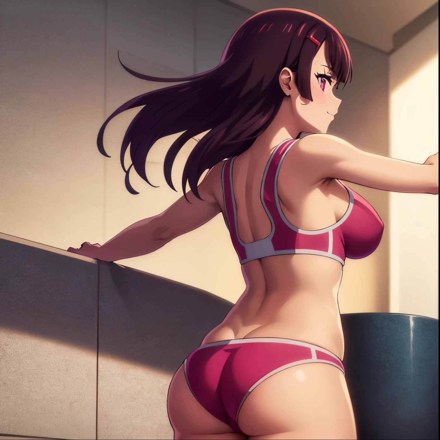 1girl, alone, Shizuka mikazuki,masterpiece, best quality, absurdres, detailed shadows, skindentation, cowboy shot, beautiful detailed eyes, cinematic lighting, eyelashes,shiny skin, Mikazuki_Shizuka, shiny skin, finely detailed skin, 1girl, solo, underwear, from behind, ass, back, midriff, (ass cheeks:1.2), (buttcrack:1.2), thong, looking back, light smile, hair clip, crop top, bare shoulders, off shoulder, purple eyes, short sleeves, (thong:1.2), from below, cameltoe, white panties, wet,inddors, bathroom,medium breasts, medium waist, wide hips, medium thighs, excellent anatomy, good hands
