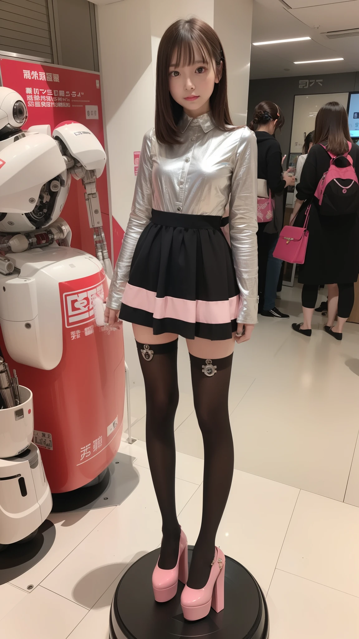 Robot Girl, pink there, Silver, Metallic body, Robot Parts, Metal Parts, Super Detailed Face, Super well-formed face, of the highest quality, a small face, a small head, Brown hair, Slender body, Camera gaze, Internal Mechanical Exposure, Idol, front facing, Well-proportioned body, sale, Exhibited, Event Hall, Moe Pose, pink metallic Lolita dress machine armor, Standing with legs open, Model body type, sad, Embarrassing,(Perfect Robot Girl),(Perfect machine body)