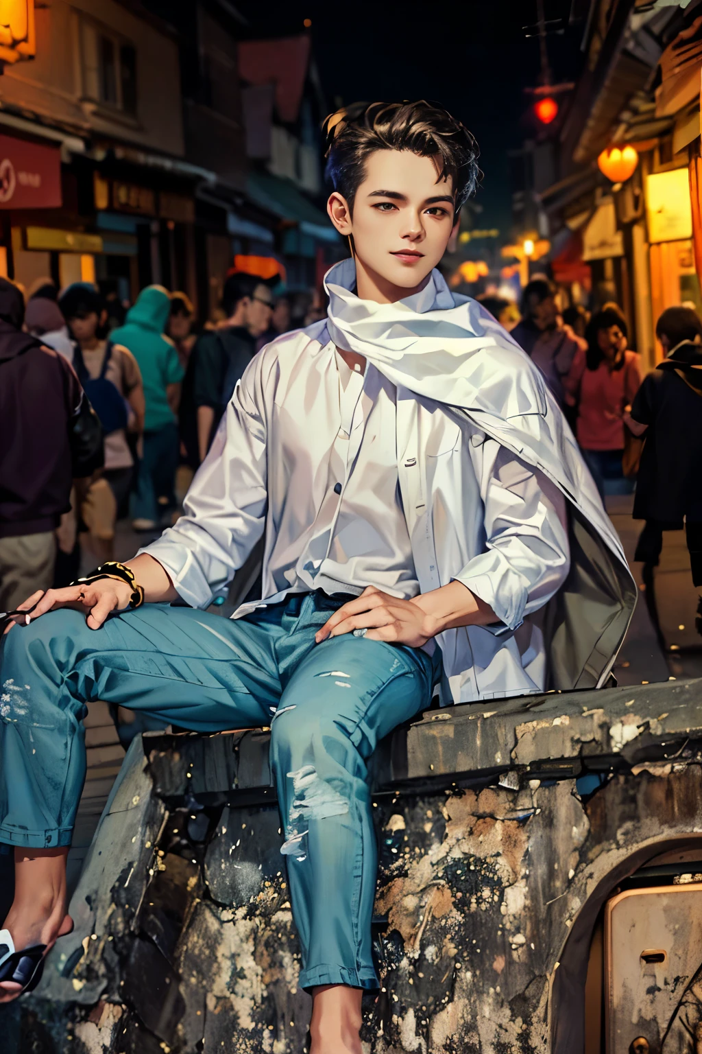 (absurdres, highres, ultra detailed, HDR), masterpiece, best quality, 1boy, handsome, short hair, finely eye and detailed face, (white t-shirt), (jean jacket), dimple, forehead, night street, night city, midnight, selfie shot, light smile
