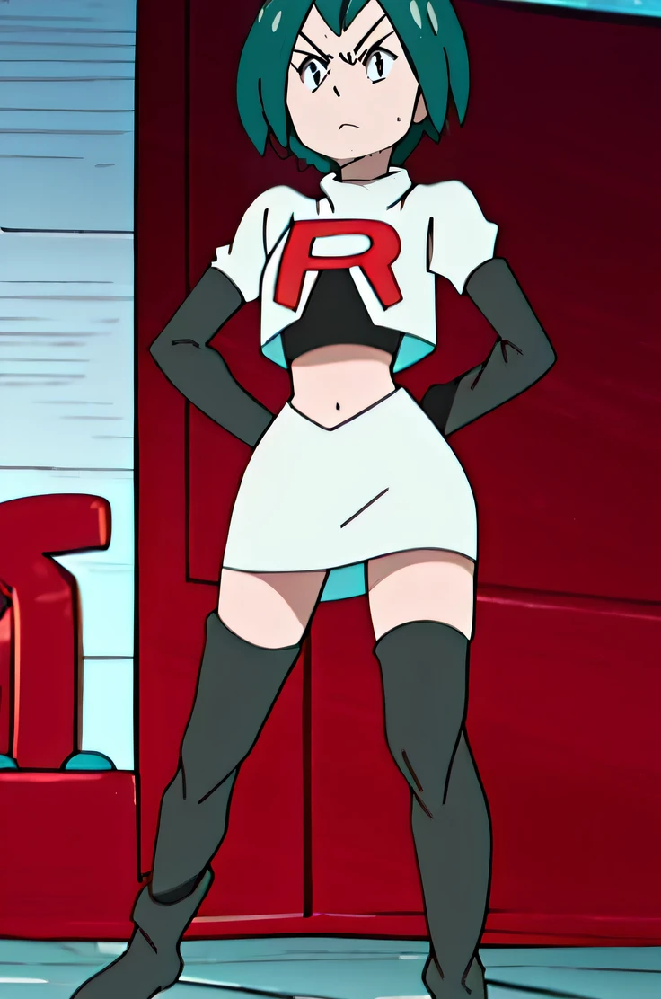 team rocket uniform, red letter r, white skirt,white crop top,black thigh-high boots, black elbow gloves, glaring angrily, looking at viewer, hands on hips, full body seen