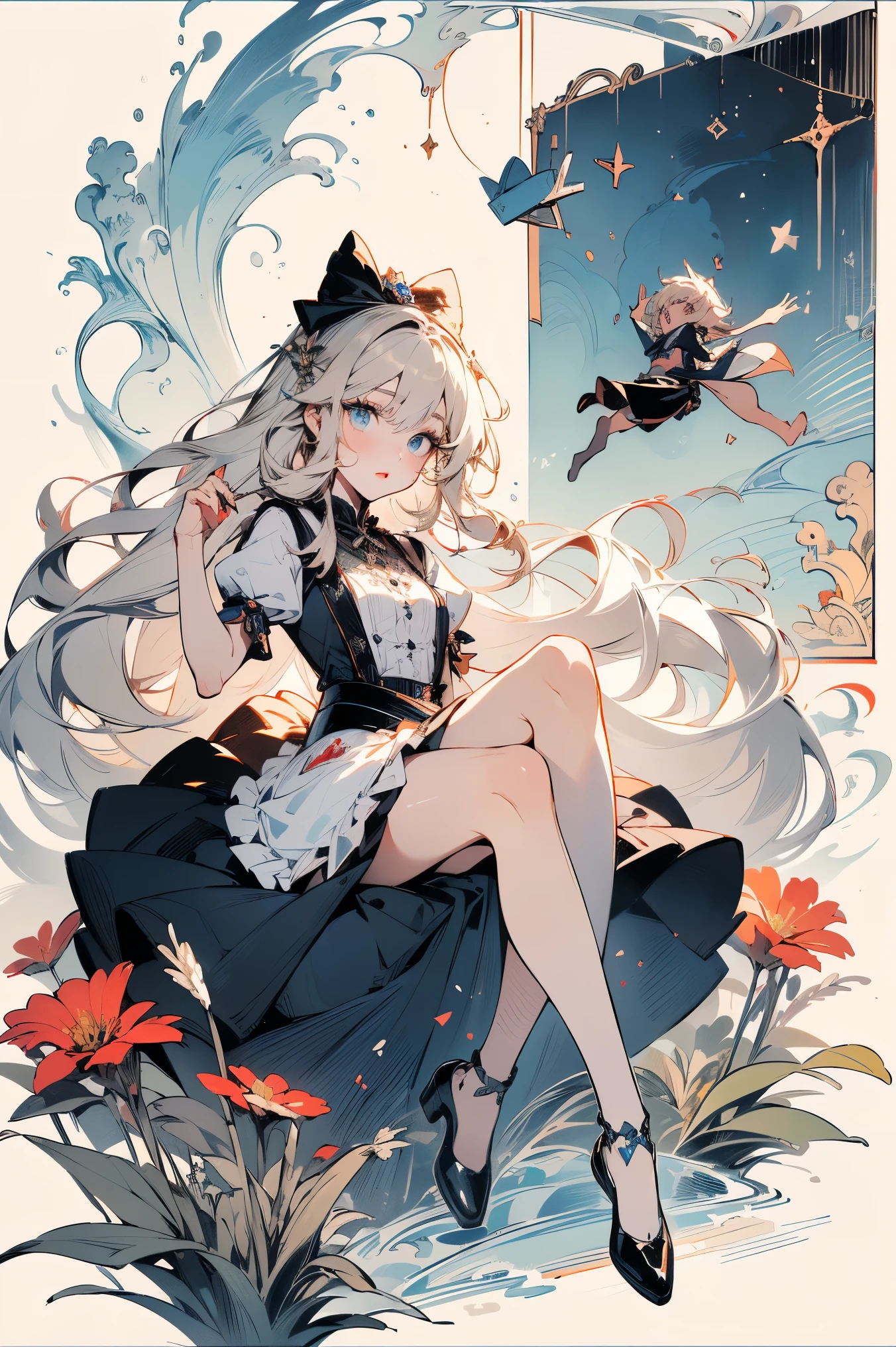 (master piece, high-quality, Mystical, Beautifully Aesthetic, ideal ratio of body proportions, image art, Impresionism), (ultra high resolution, 8K RAW photo, photo realistics, natural lighting, textile shading), (1 cute girl:1.3, solo:1.5, milf:1.1, nsfw:1.25, full bodiEsbian), (Fractal, chaos), shinny skin, BREAK, ((alice in the wonderland:1.3, cuty, kawaii, lovely, funny, a girl falling down in the air:1.5, flying girl in sky:1.5, girl is floating in air:1.1, skirt is rolling up by wind:1.5, shamed, surprising, little opening mouth:1.3, putting hands on crotch over the apron:1.35)), ((PlayingCards, Trump, tea cup, tea pot, tea spoons, pocket watches:1.3, lip sticks, candies:1.2, cookies, jam bottles, keys, flowers)), ((Royal-Blue dress :1.5, wearing flair skirt with blowing:1.3, White Apron, white stockings)), (medium long platinum-blonde, twin sidetail:1.6, tied hair with a large ribbon), (Blue eyes, bright pupils with highlights, detailed eyes), (lying down on your back:1.2, leaning forward:1.2, spreading legs with straight up:1.3), ((dutch angle:1.5, full body:1.3, crotch focus:1.3, from below:1.5, unbalance posing)), cinematic image, Exotic wallpapers, colorful, pop art, fantastic art, (fantasy image:1.5), ((correct anatomy:1.5, perfect anatomy:1.3, correct hand, small foot:1.2)),